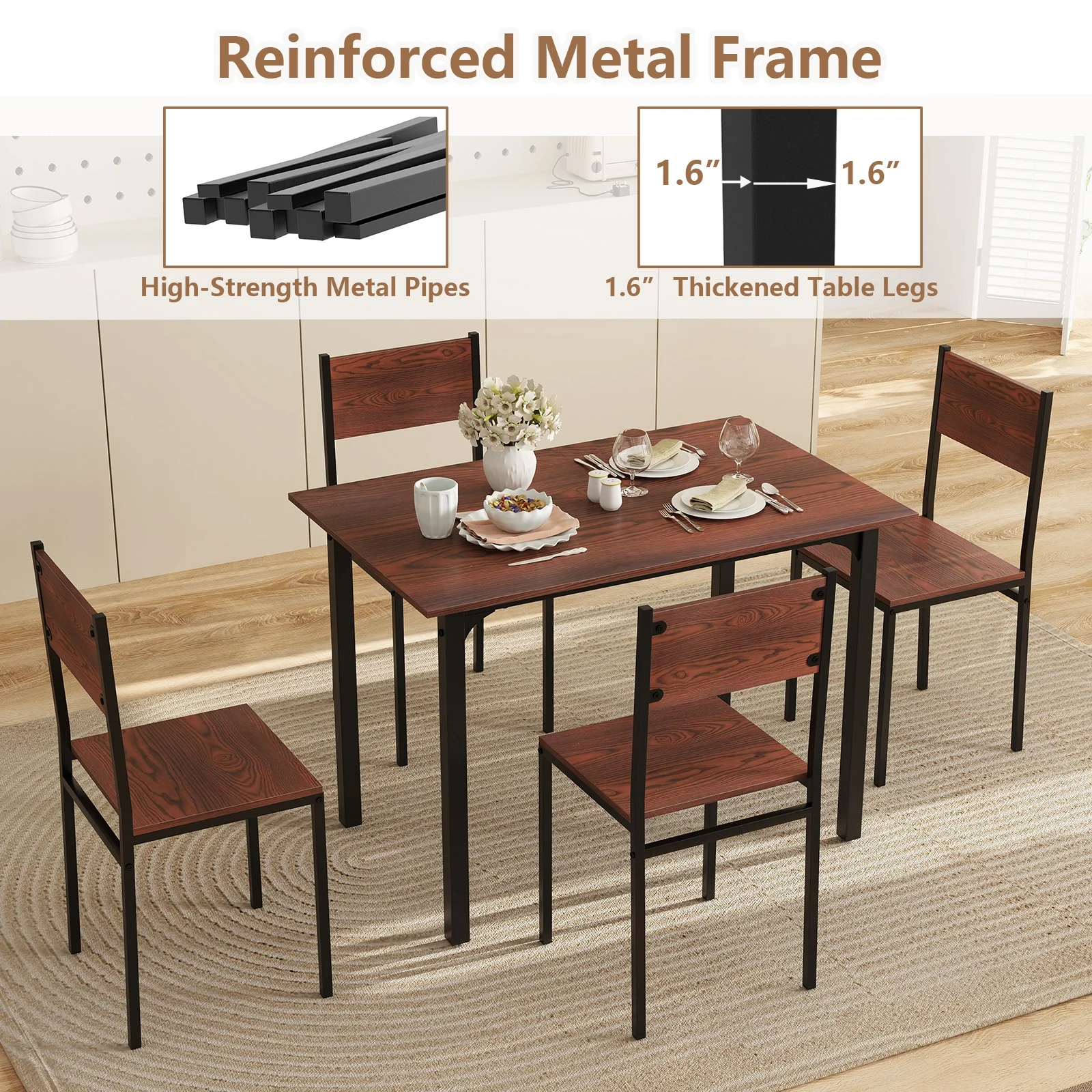 Industrial Dining Table Set, 5 Piece, Walnut, For 4 - Image 10
