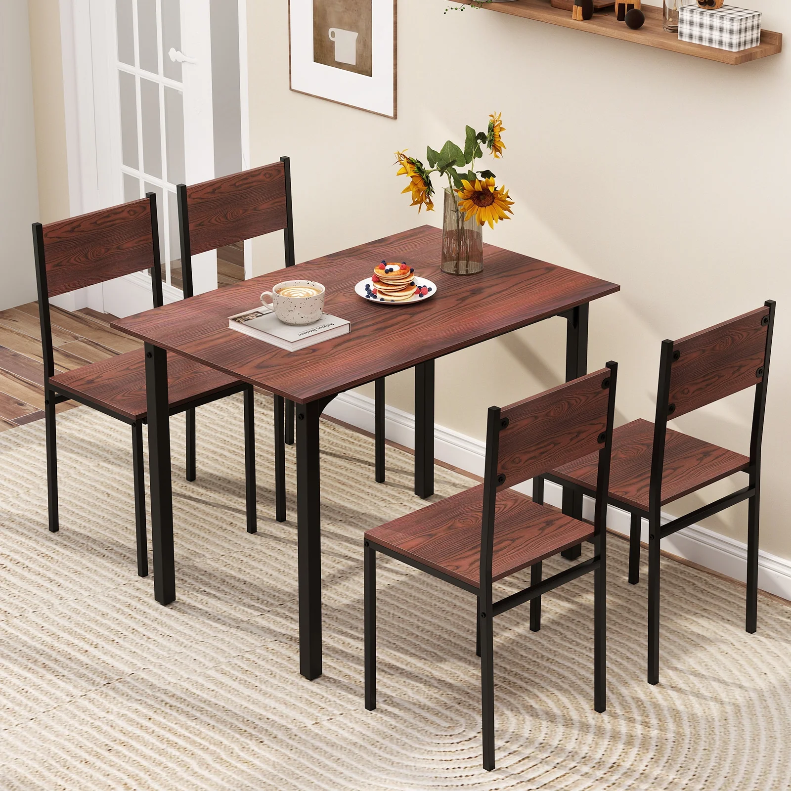 Industrial Dining Table Set, 5 Piece, Walnut, For 4 - Image 3