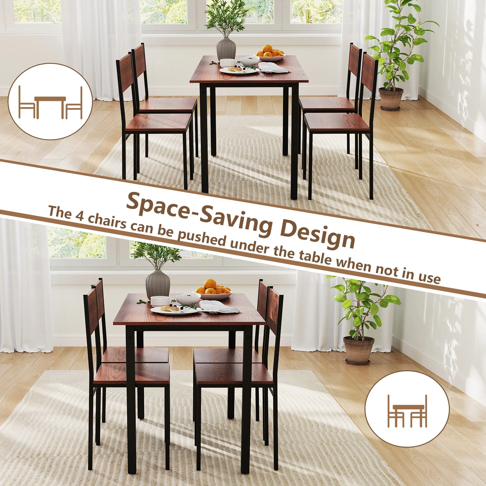 Industrial Dining Table Set, 5 Piece, Walnut, For 4 - Image 8