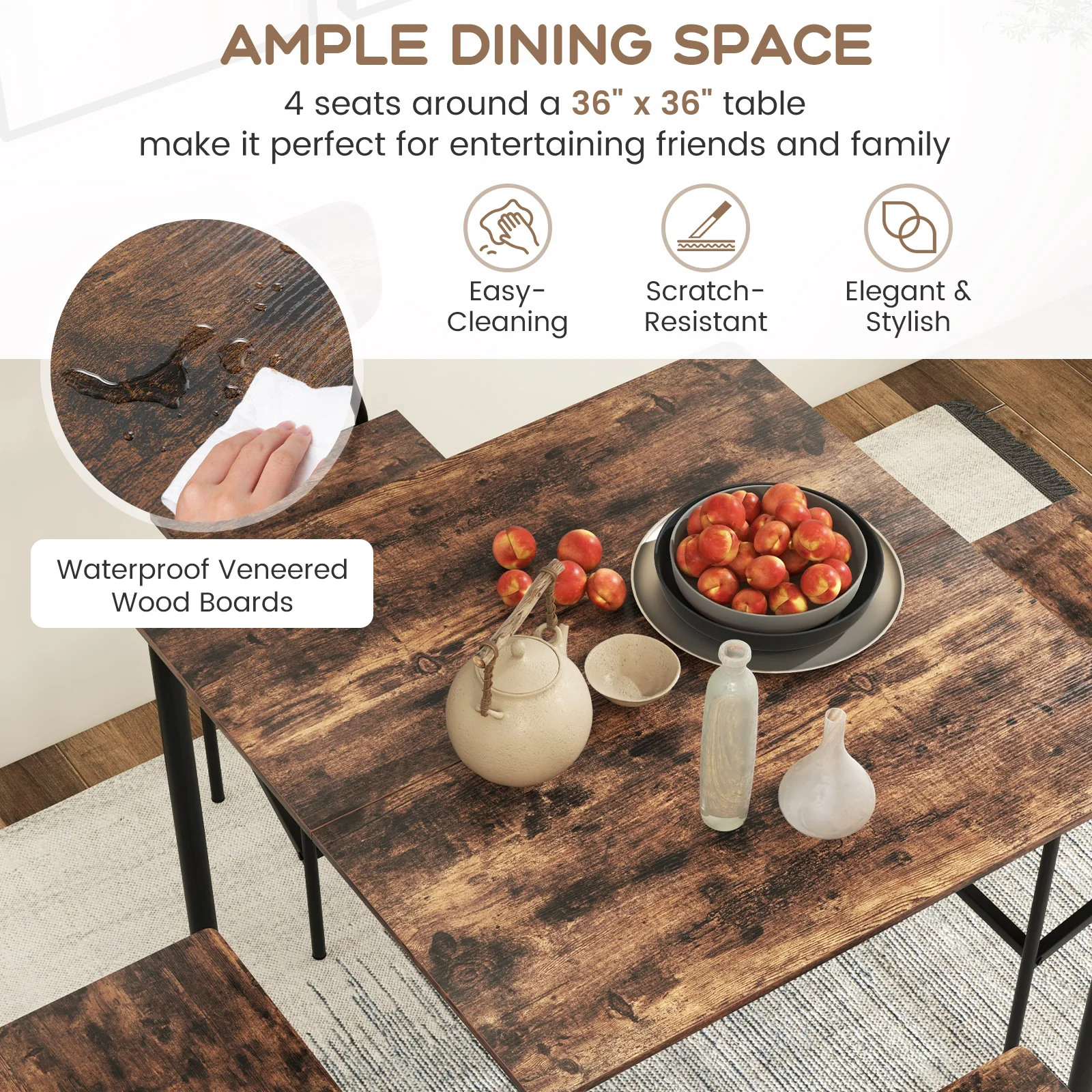 Industrial Dining Table Set, 5 Pieces, Counter Height Table, 4 Bar Stools - Image 10