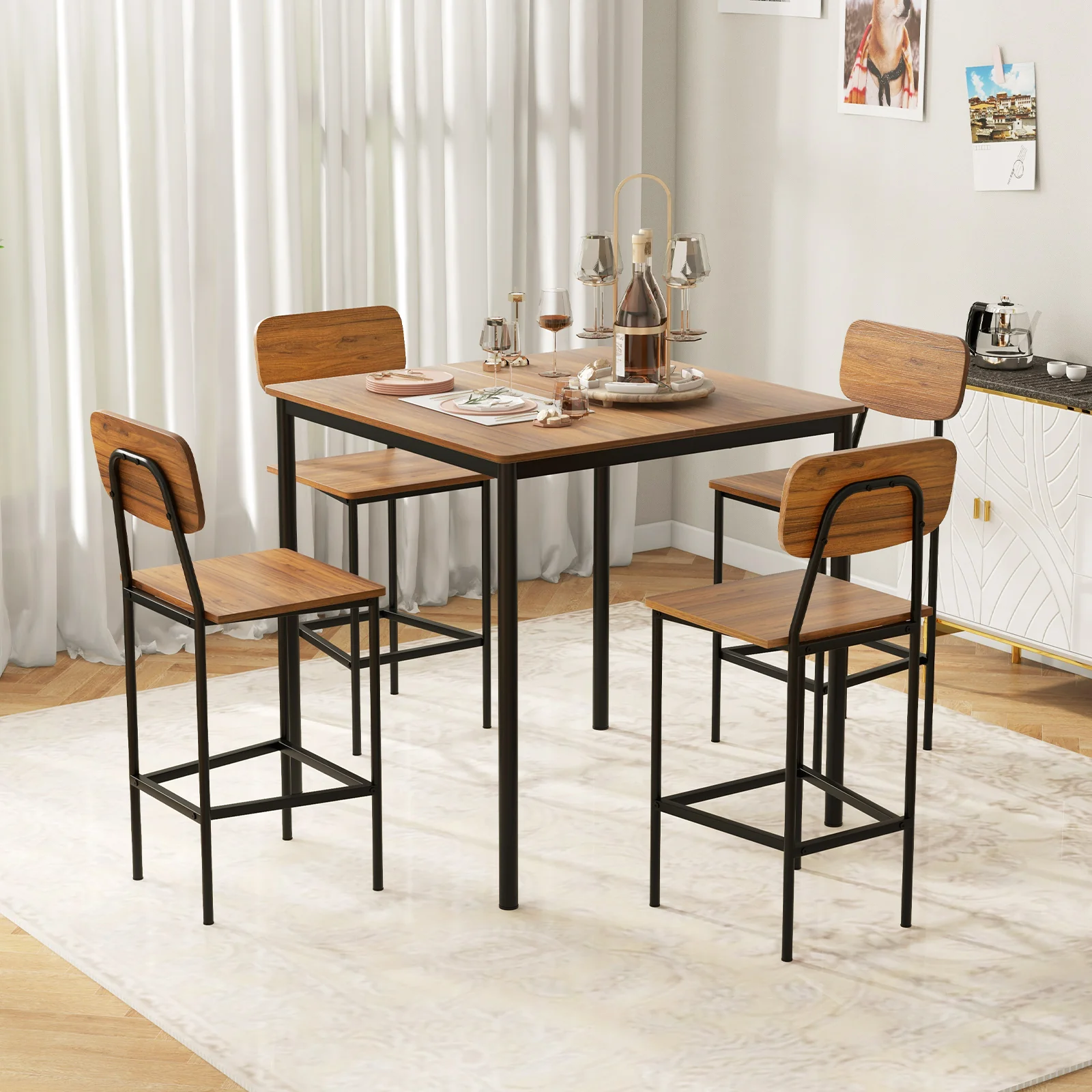 Industrial Dining Table Set, 5 Pieces, Counter Height, Walnut - Image 2