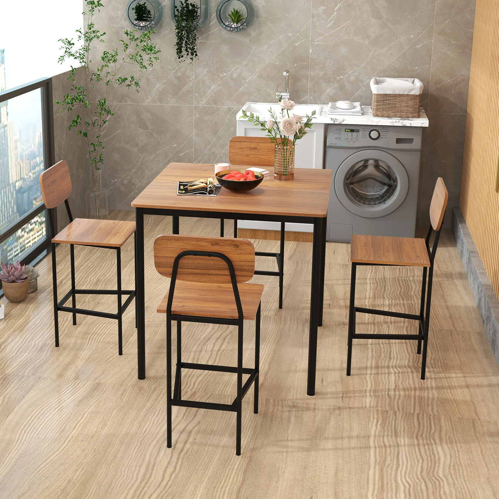 Industrial Dining Table Set, 5 Pieces, Counter Height, Walnut - Image 3