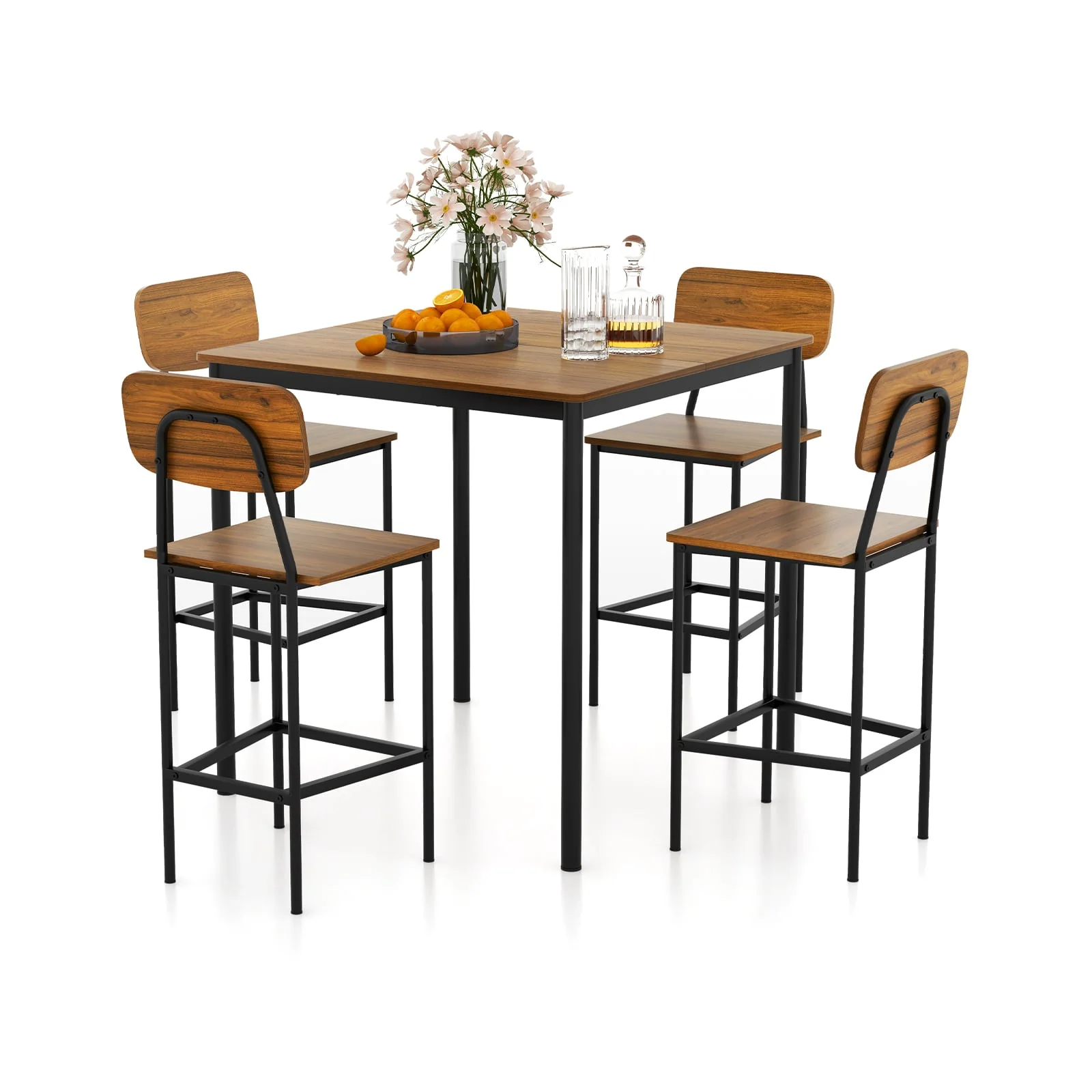 Industrial Dining Table Set, 5 Pieces, Counter Height, Walnut - Image 4
