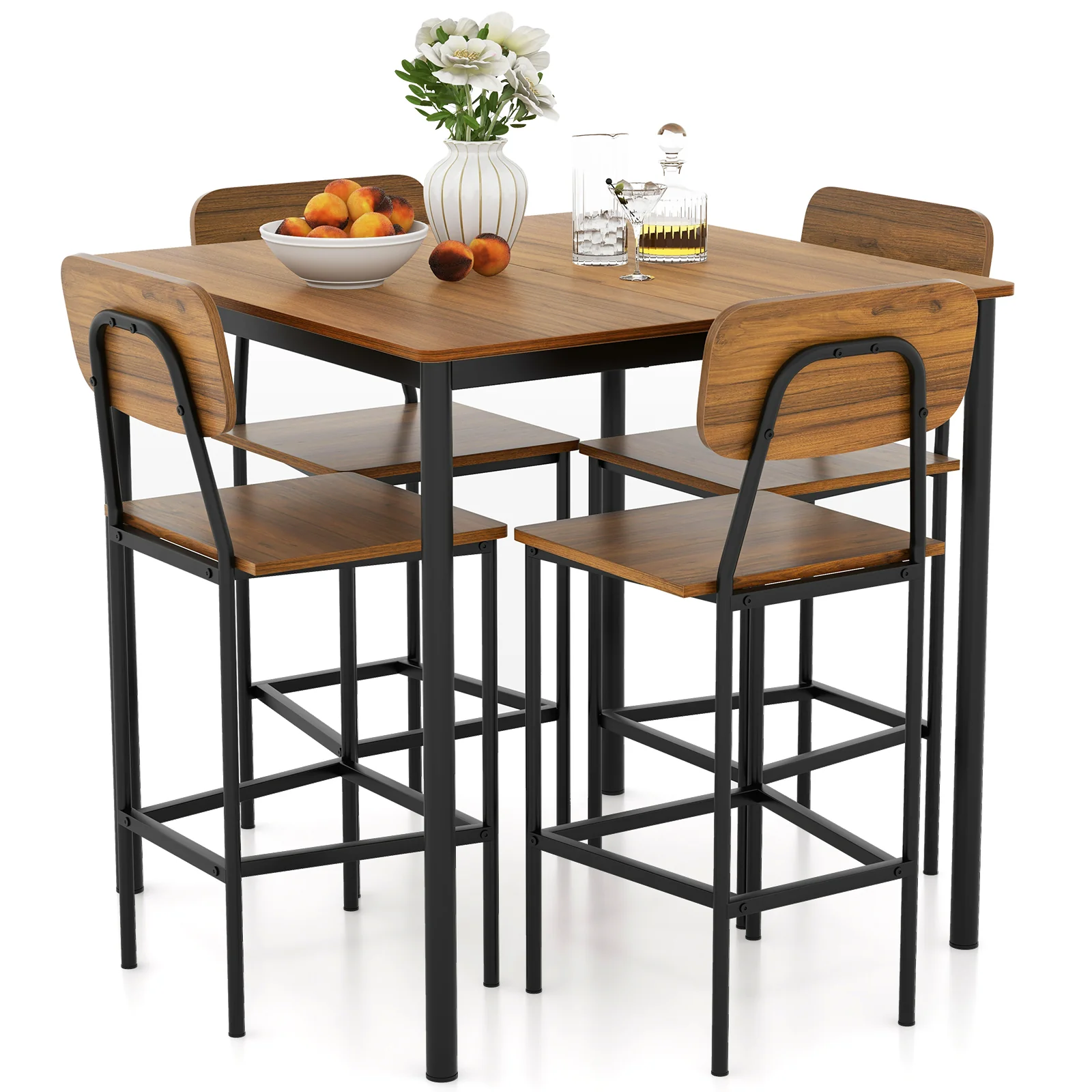 Industrial Dining Table Set, 5 Pieces, Counter Height, Walnut - Image 5