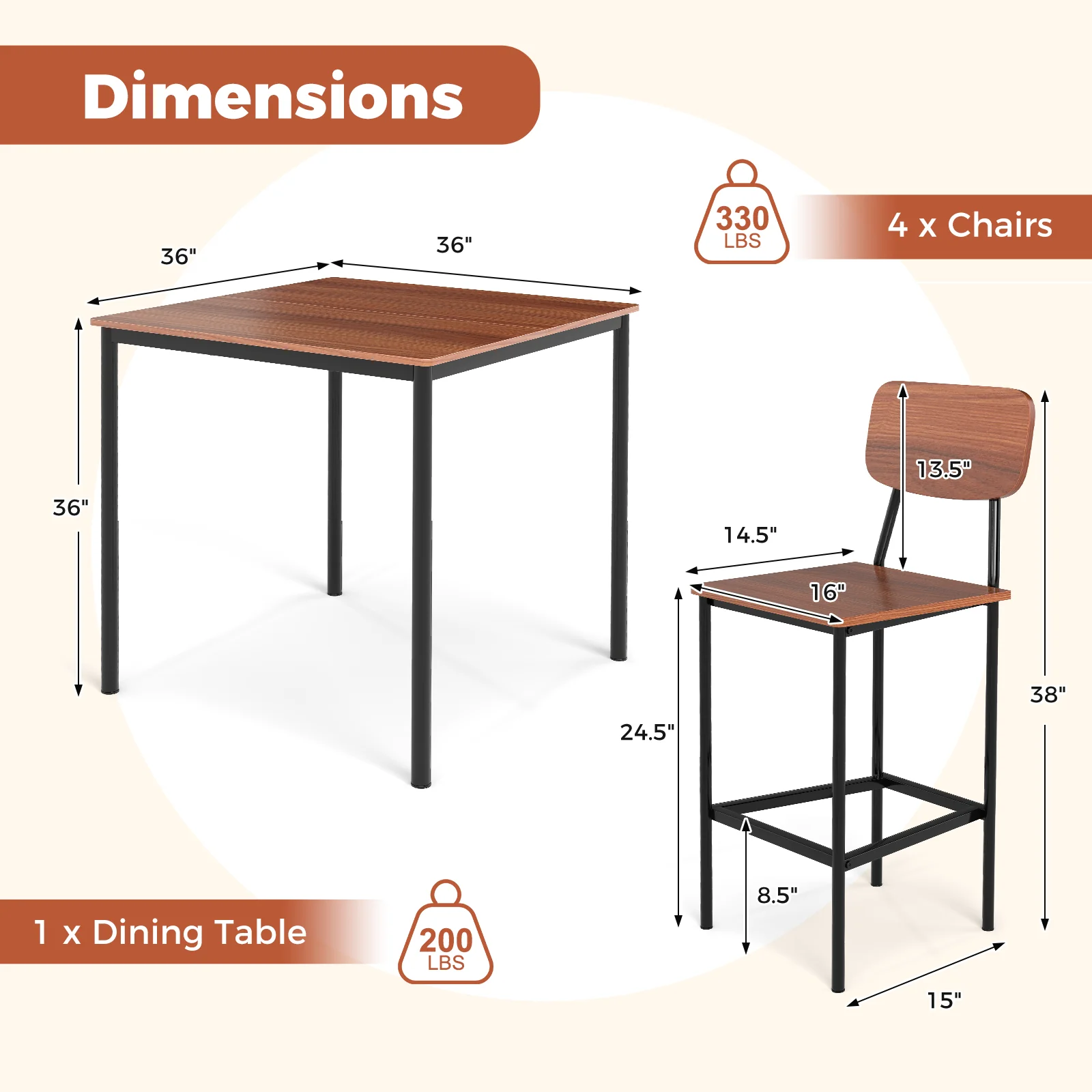 Industrial Dining Table Set, 5 Pieces, Counter Height, Walnut - Image 6