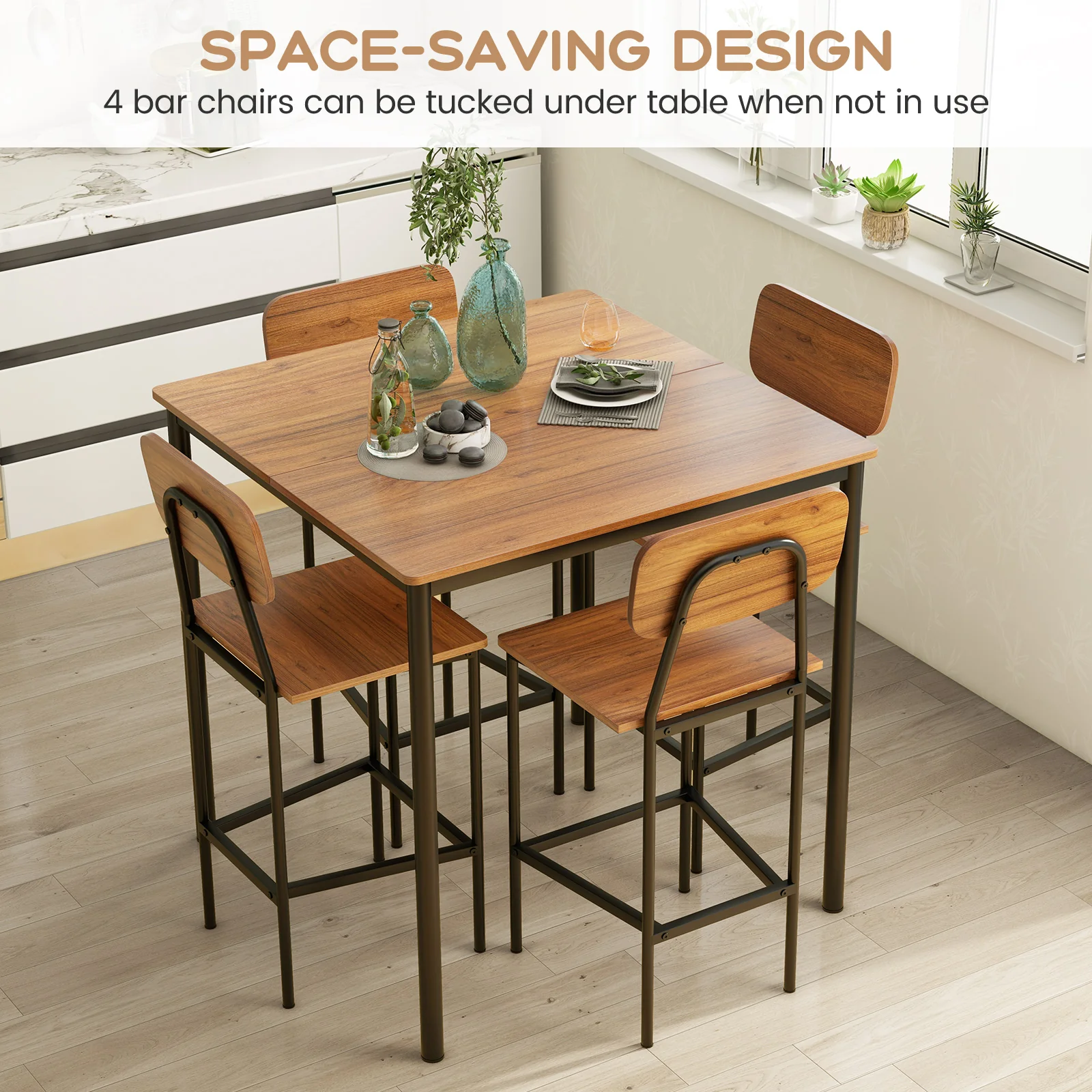 Industrial Dining Table Set, 5 Pieces, Counter Height, Walnut - Image 7