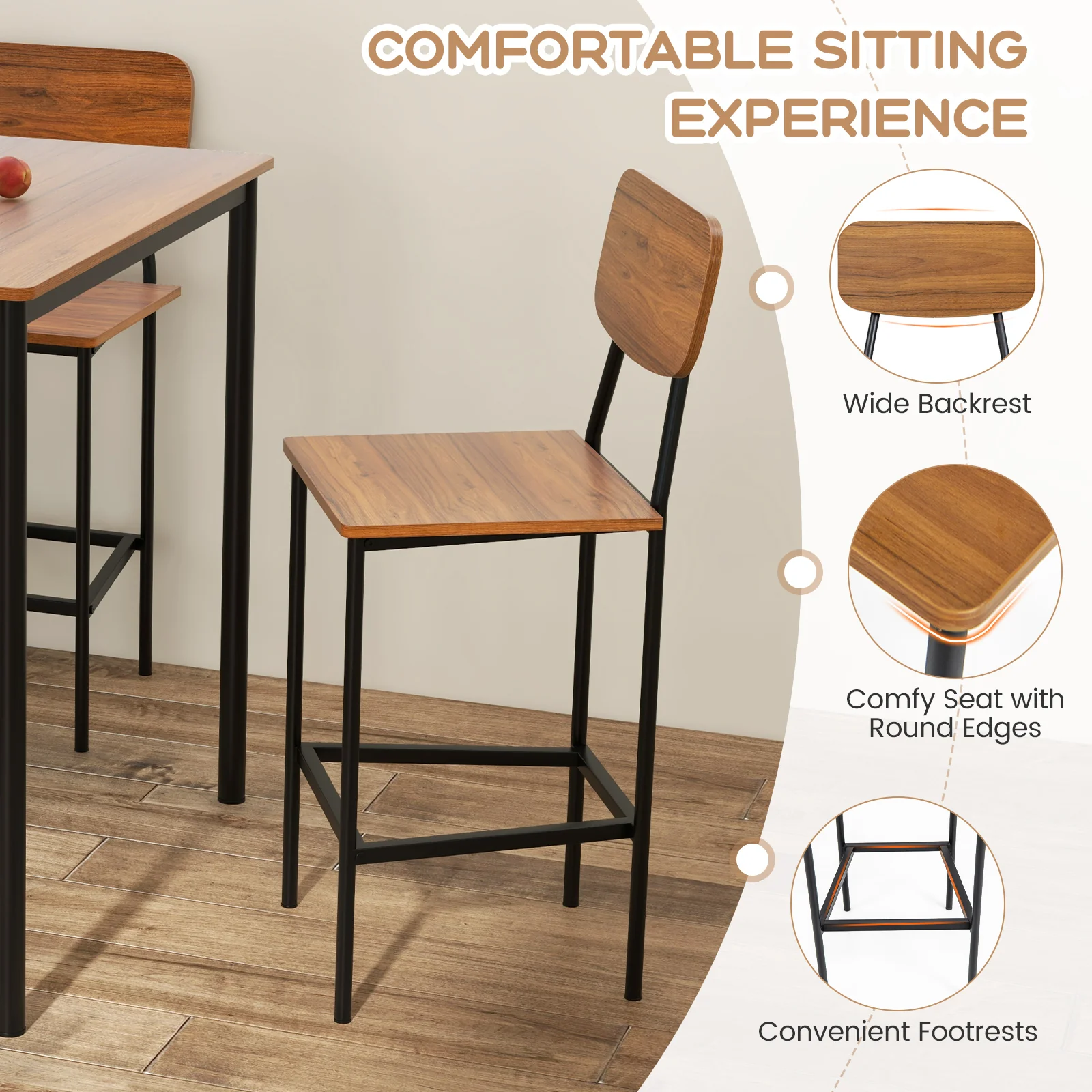 Industrial Dining Table Set, 5 Pieces, Counter Height, Walnut - Image 8