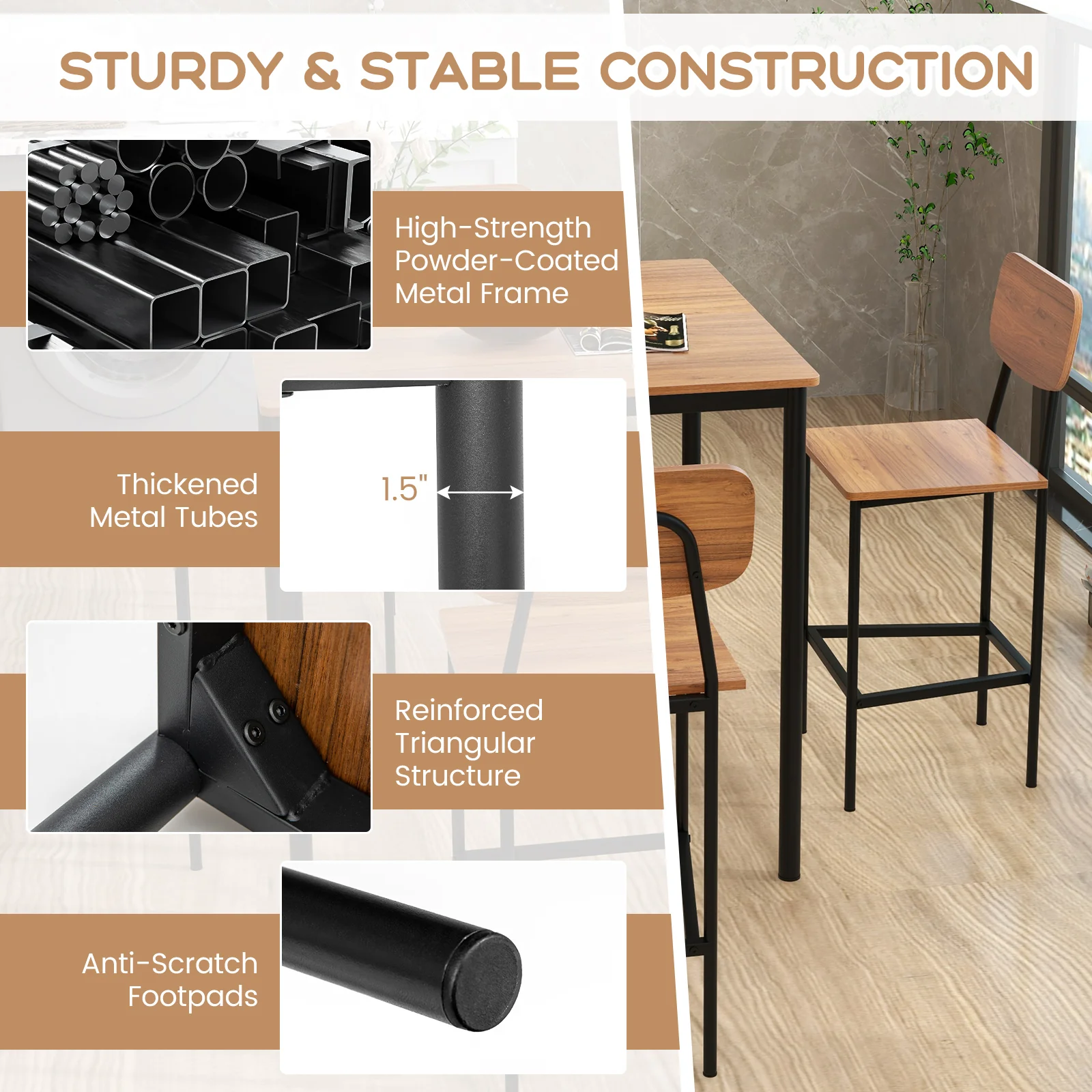 Industrial Dining Table Set, 5 Pieces, Counter Height, Walnut - Image 9