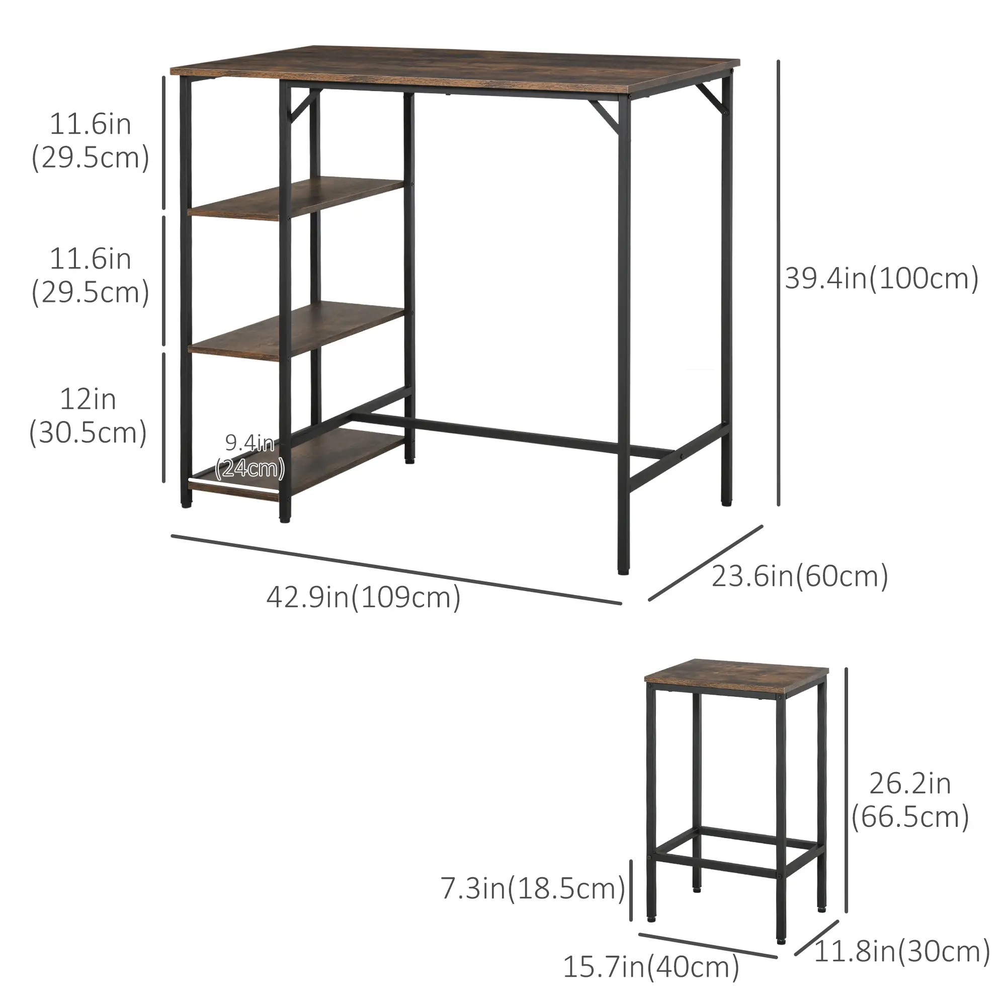 Industrial Dining Table Set for 2, Counter Height, Rustic Brown, Brown - Image 3