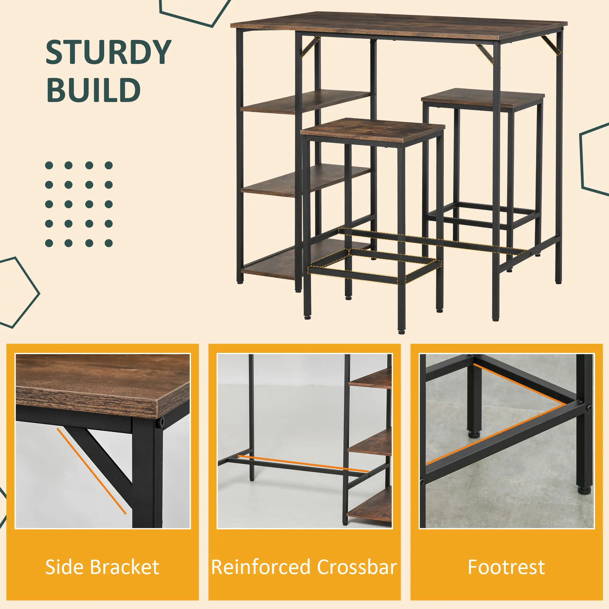 Industrial Dining Table Set for 2, Counter Height, Rustic Brown, Brown - Image 5