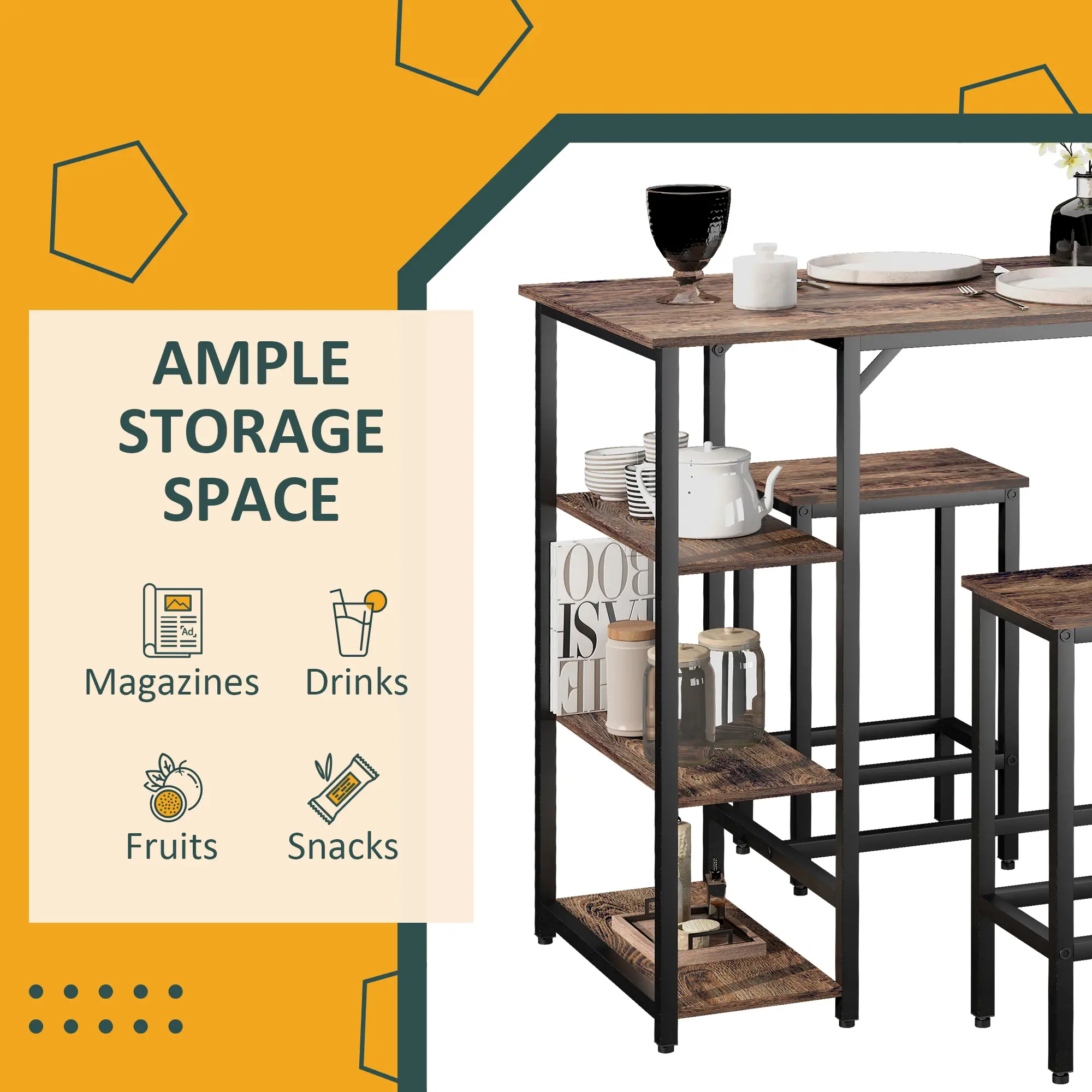 Industrial Dining Table Set for 2, Counter Height, Rustic Brown, Brown - Image 7