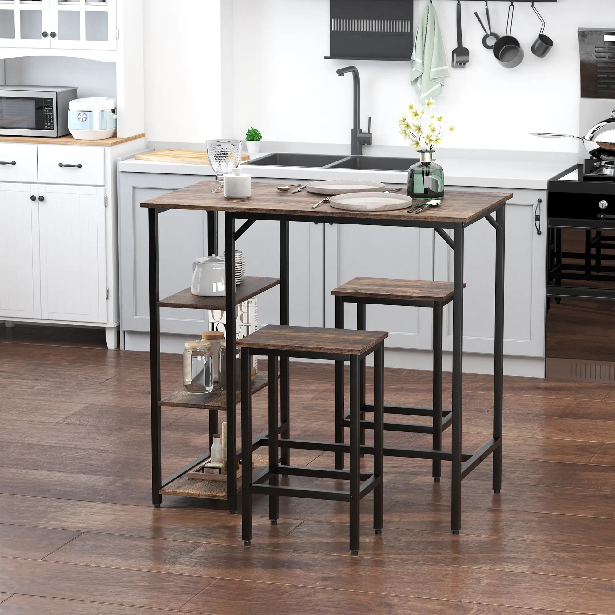 Industrial Dining Table Set for 2, Counter Height, Rustic Brown, Brown - Image 8