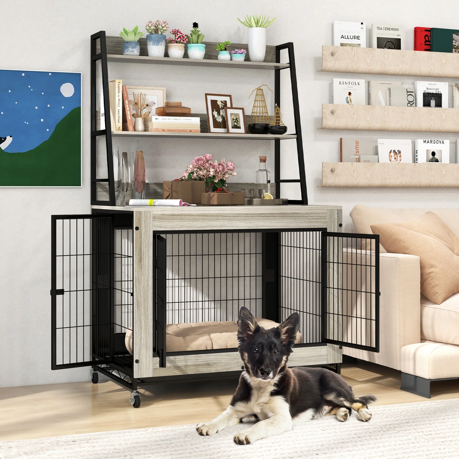 Industrial Dog Kennel Crate With Storage Shelves, Gray - Image 3