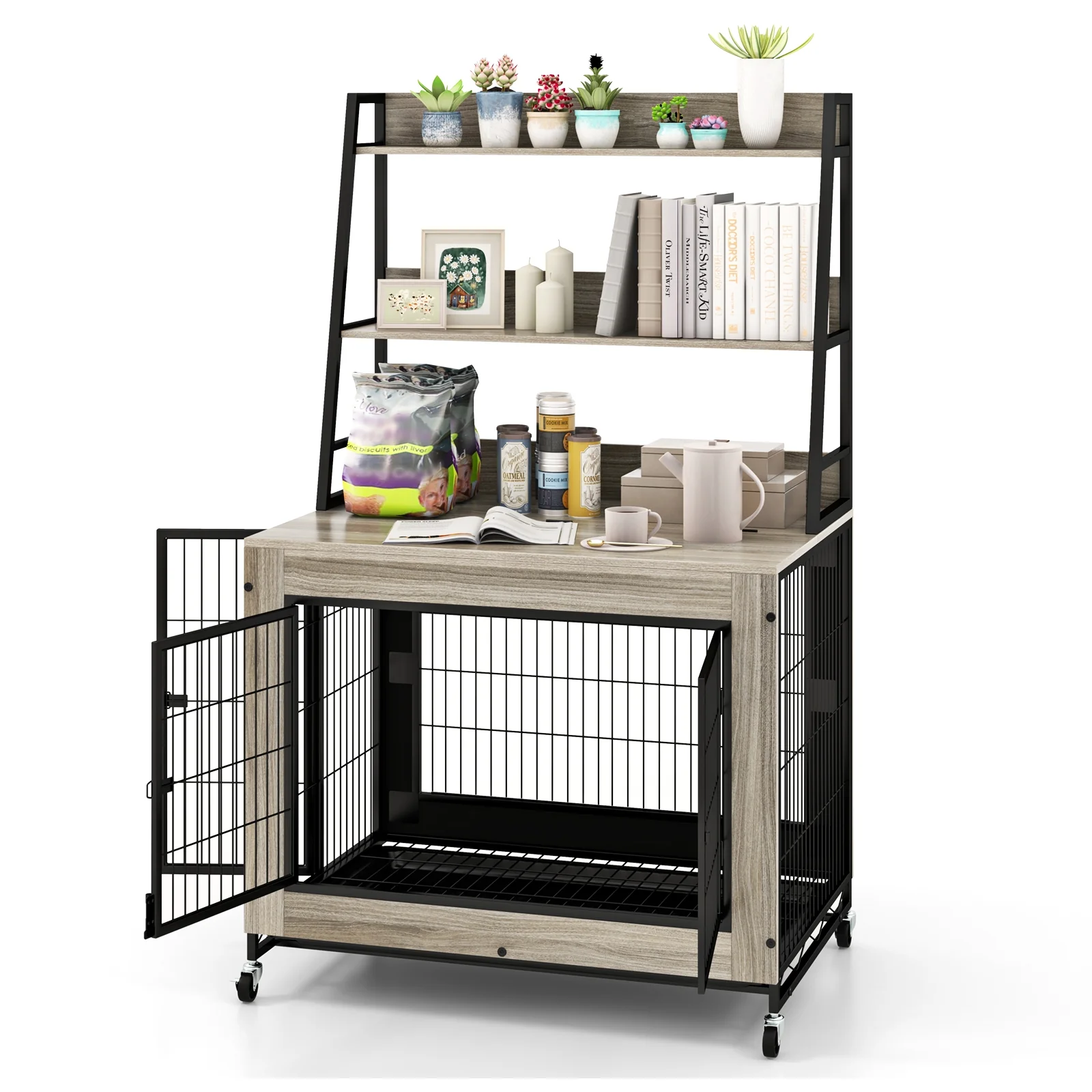 Industrial Dog Kennel Crate With Storage Shelves, Gray - Image 4