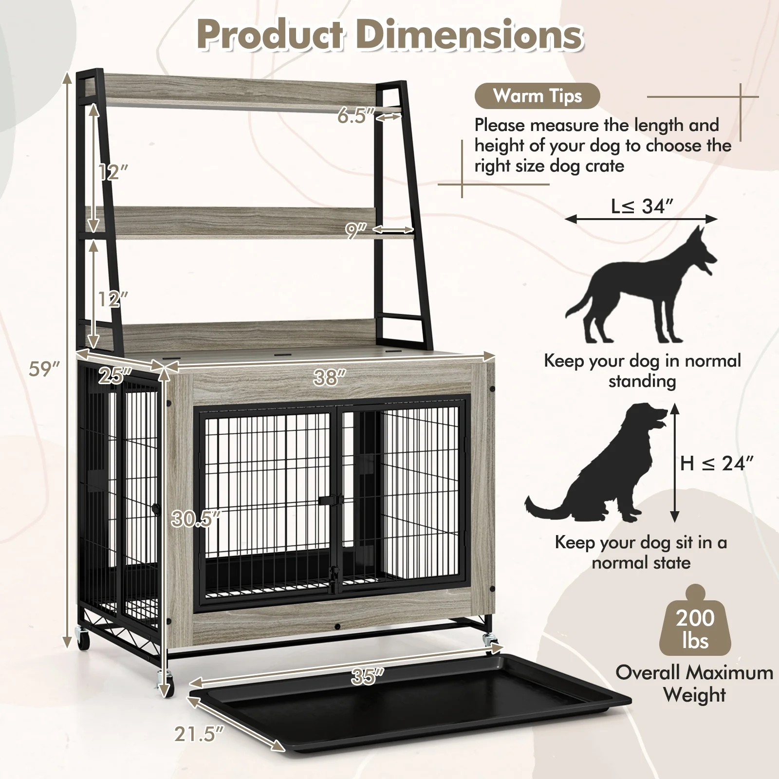 Industrial Dog Kennel Crate With Storage Shelves, Gray - Image 6