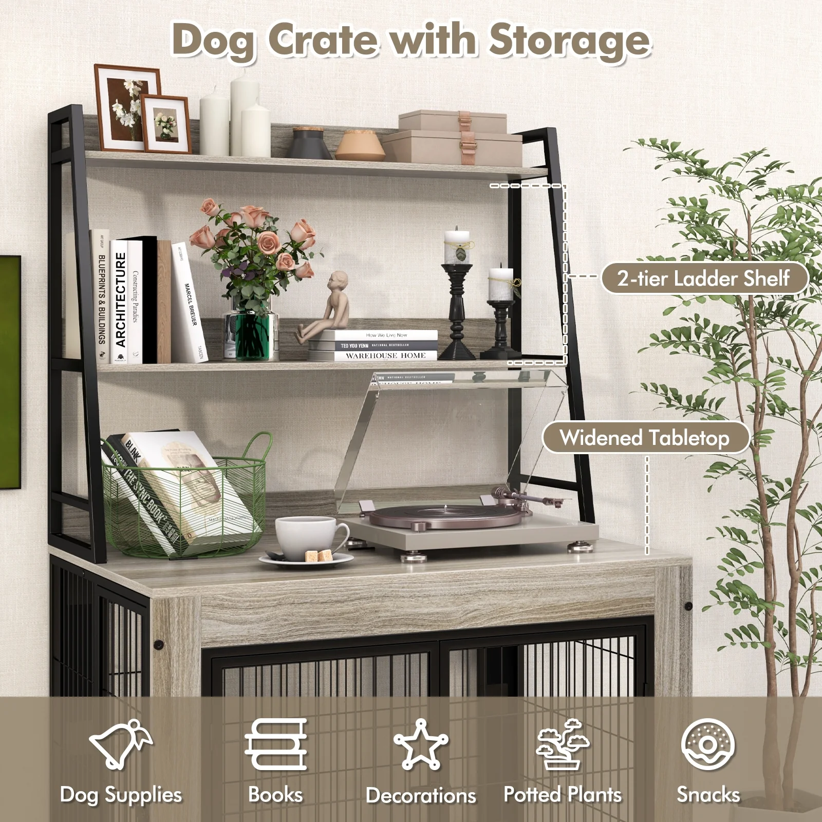 Industrial Dog Kennel Crate With Storage Shelves, Gray - Image 8