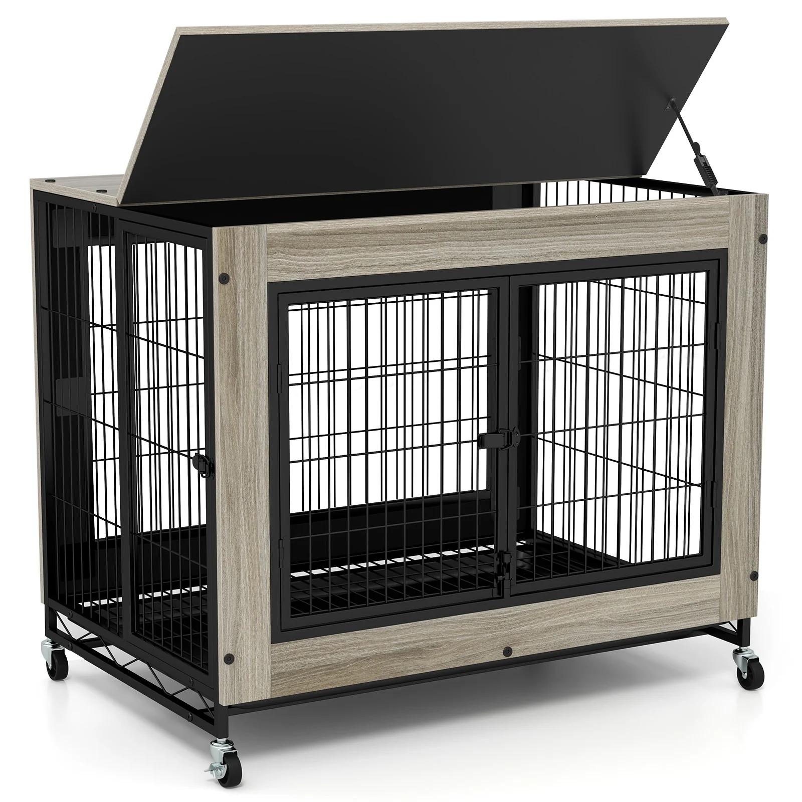 Industrial Dog Kennel, Flip-up Top, 3 Lockable Doors, Removable Tray, Gray