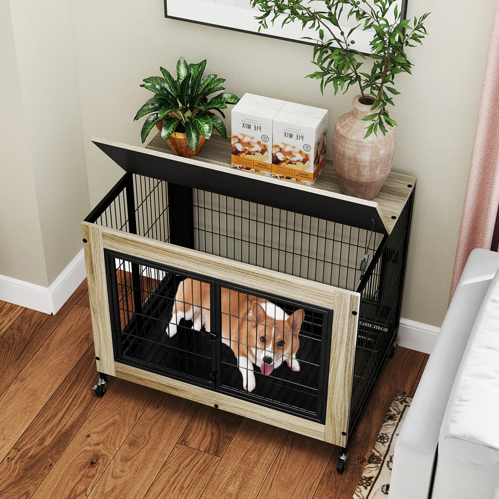 Industrial Dog Kennel, Flip-up Top, 3 Lockable Doors, Removable Tray, Gray - Image 3