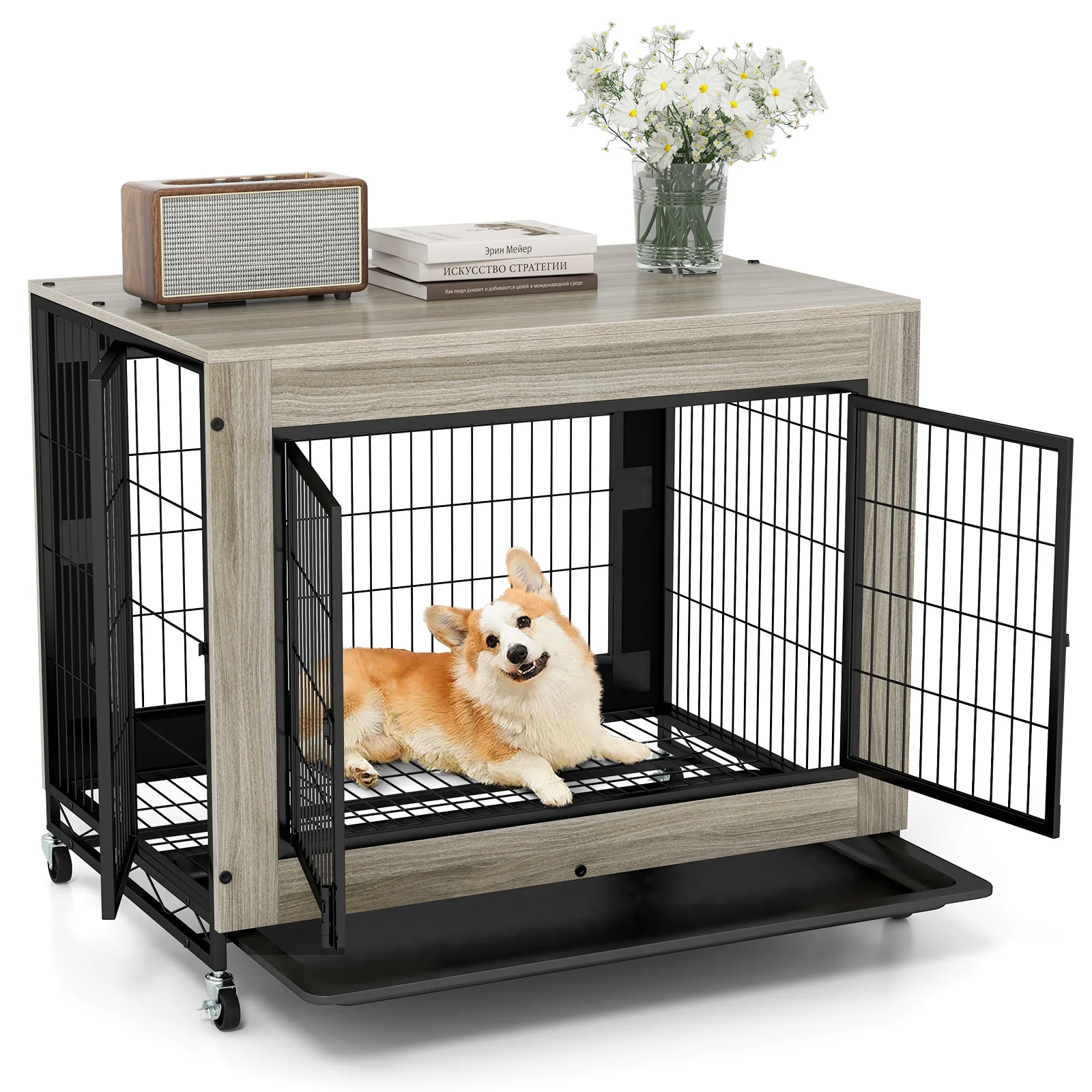 Industrial Dog Kennel, Flip-up Top, 3 Lockable Doors, Removable Tray, Gray - Image 5