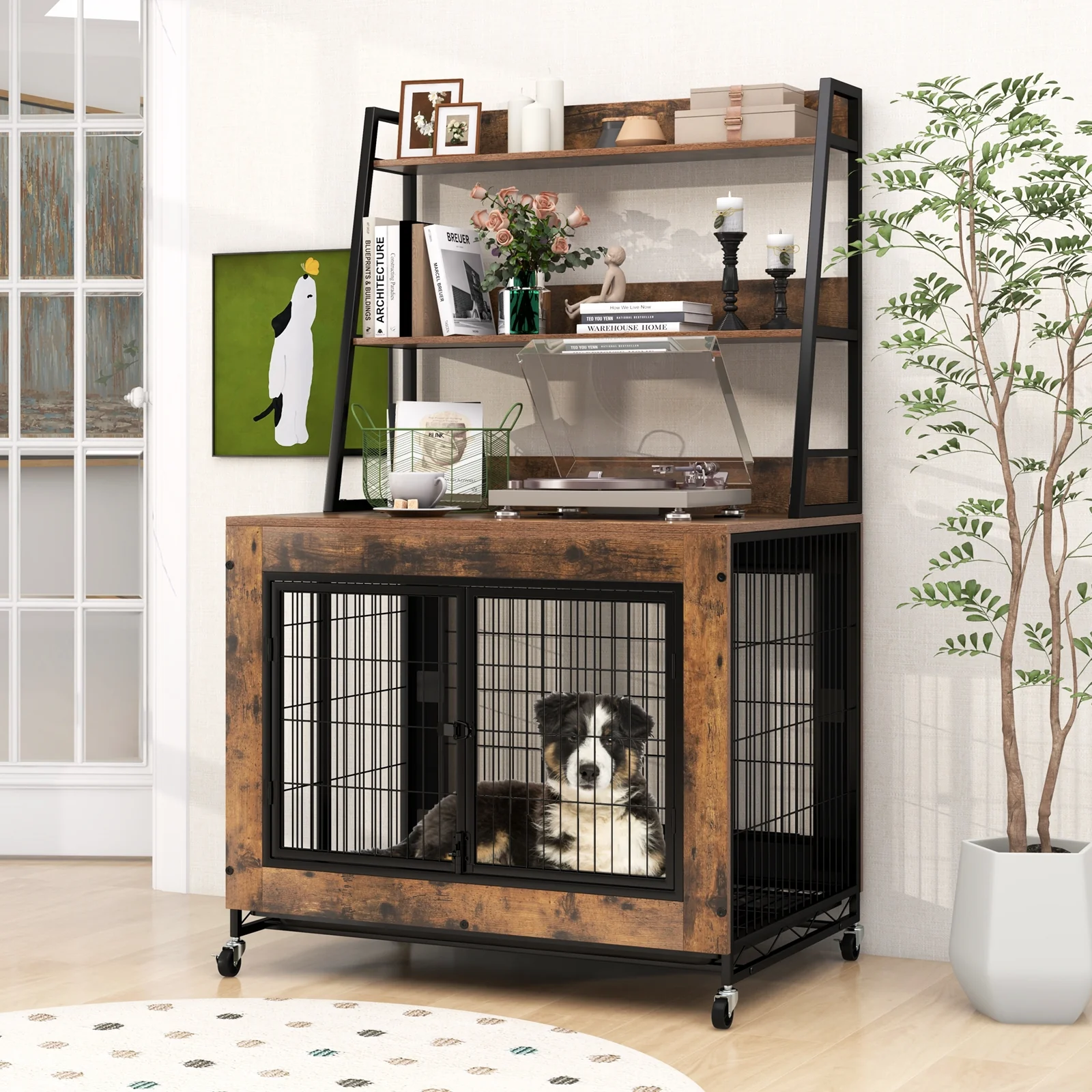 Industrial Dog Kennel Furniture With Storage Shelves, Rustic Brown - Image 2