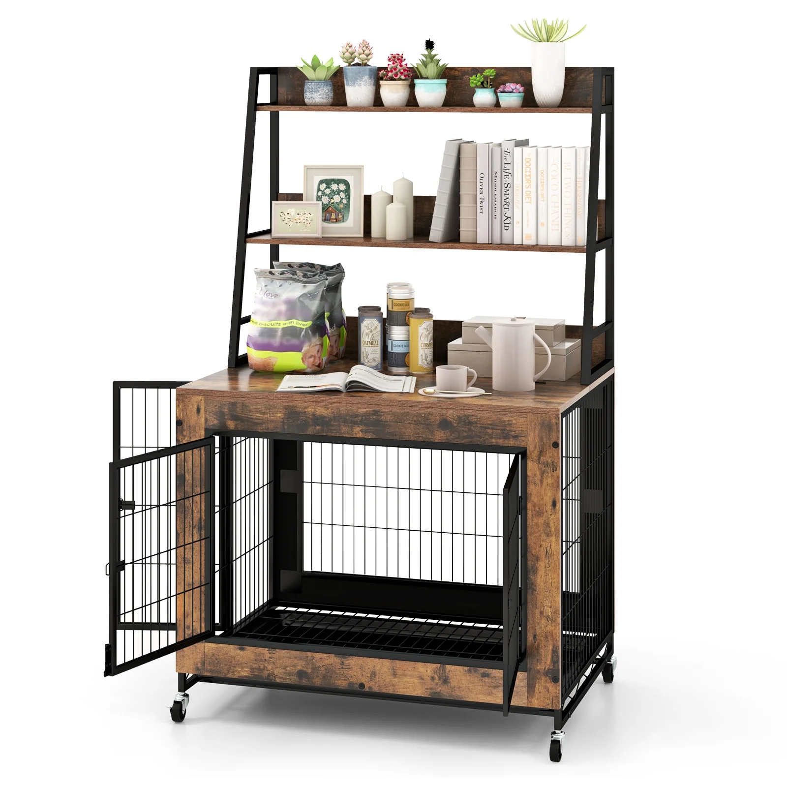 Industrial Dog Kennel Furniture With Storage Shelves, Rustic Brown - Image 4