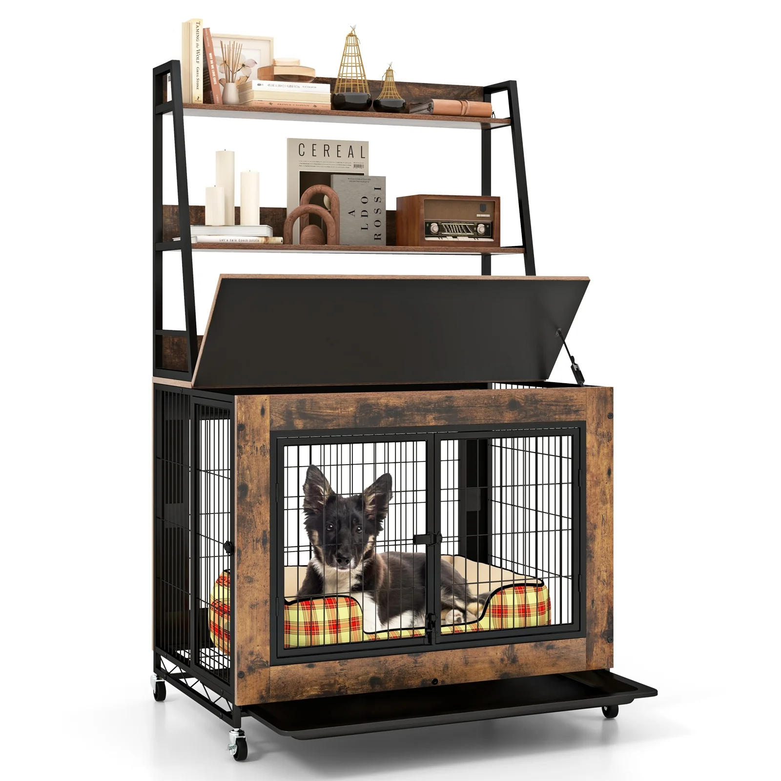 Industrial Dog Kennel Furniture With Storage Shelves, Rustic Brown - Image 5