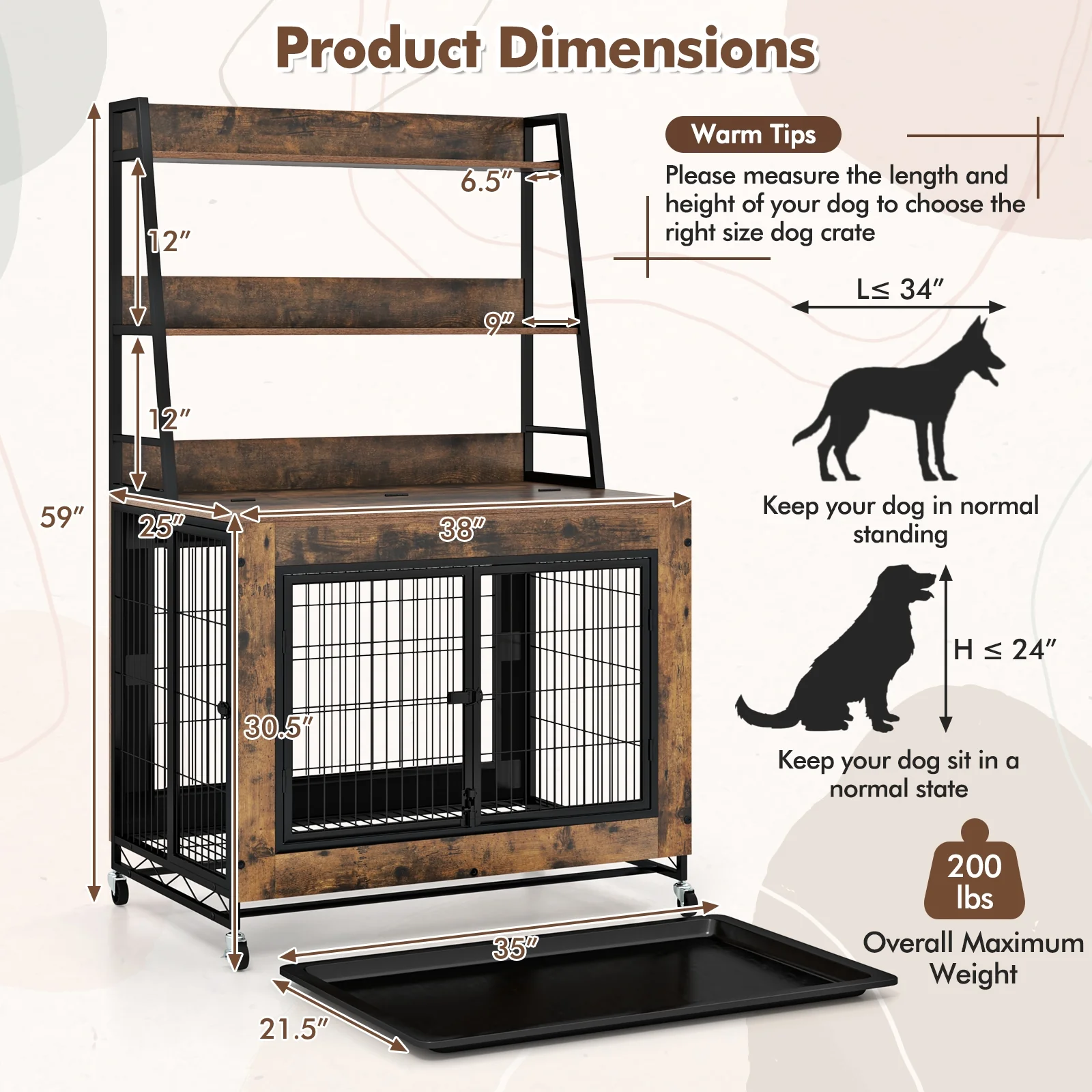 Industrial Dog Kennel Furniture With Storage Shelves, Rustic Brown - Image 6