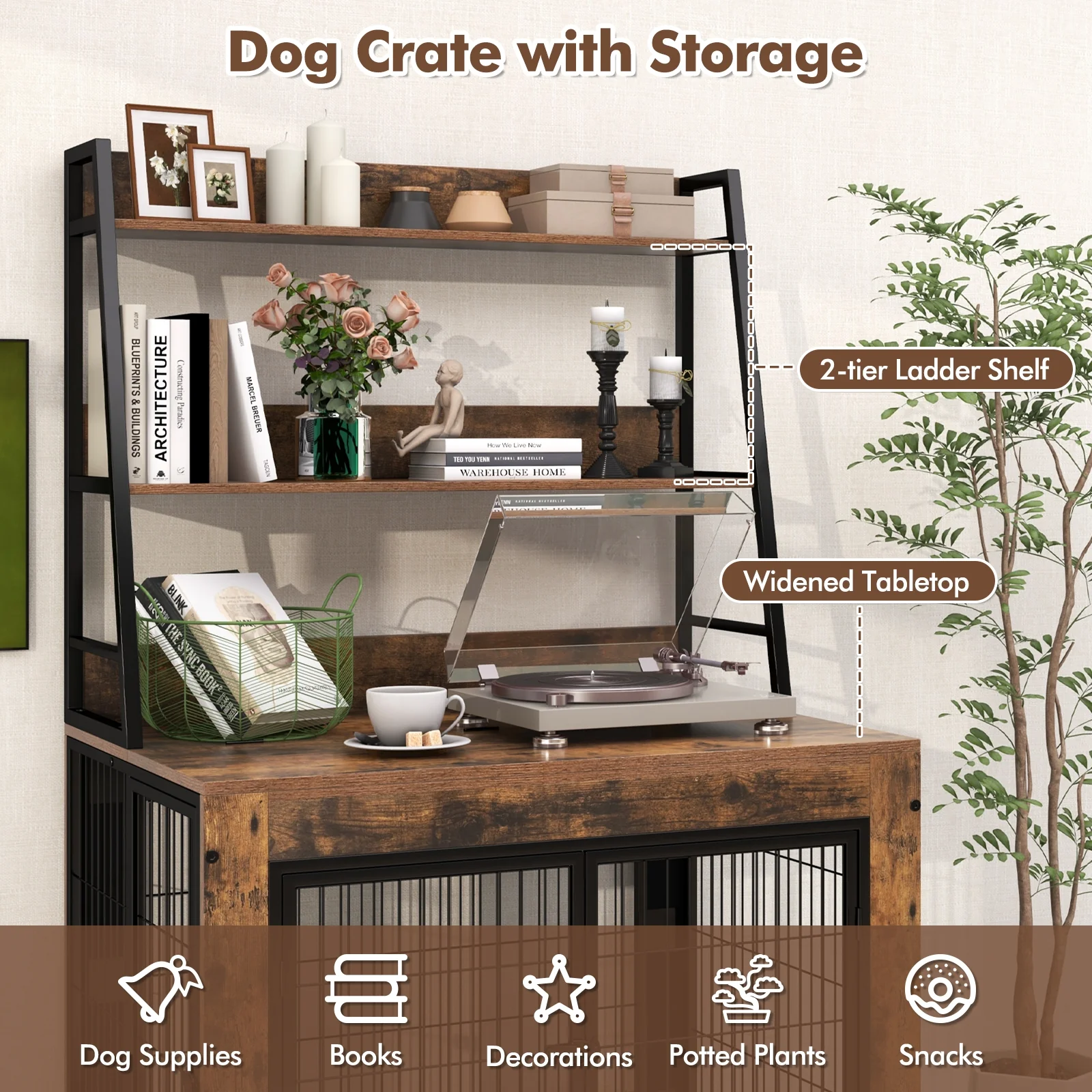 Industrial Dog Kennel Furniture With Storage Shelves, Rustic Brown - Image 8