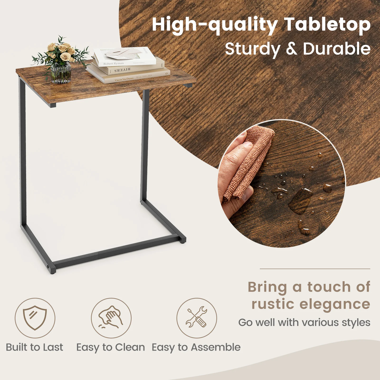 Industrial End Table, C-Shaped Metal Frame, Rustic Brown - Image 10