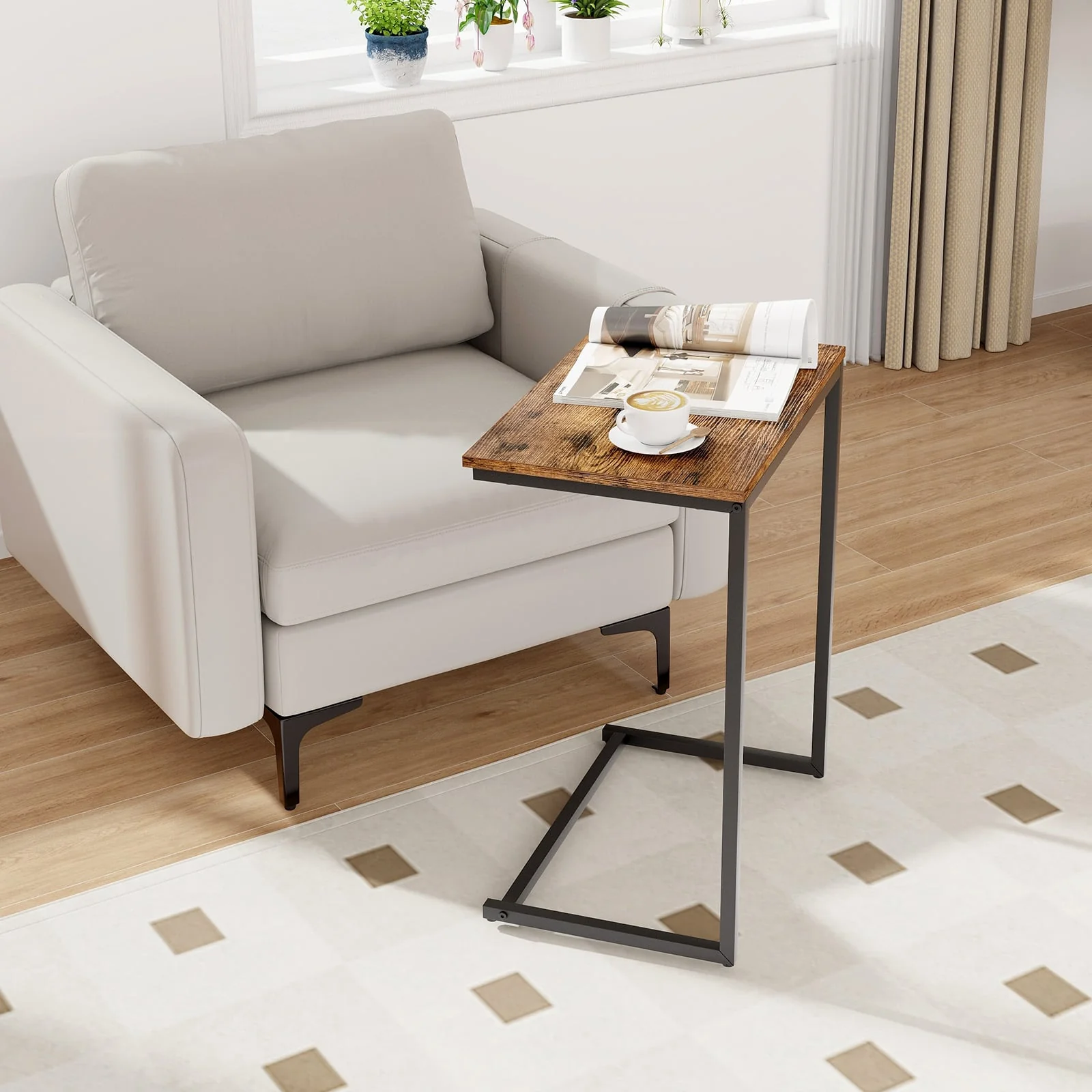 Industrial End Table, C-Shaped Metal Frame, Rustic Brown - Image 2