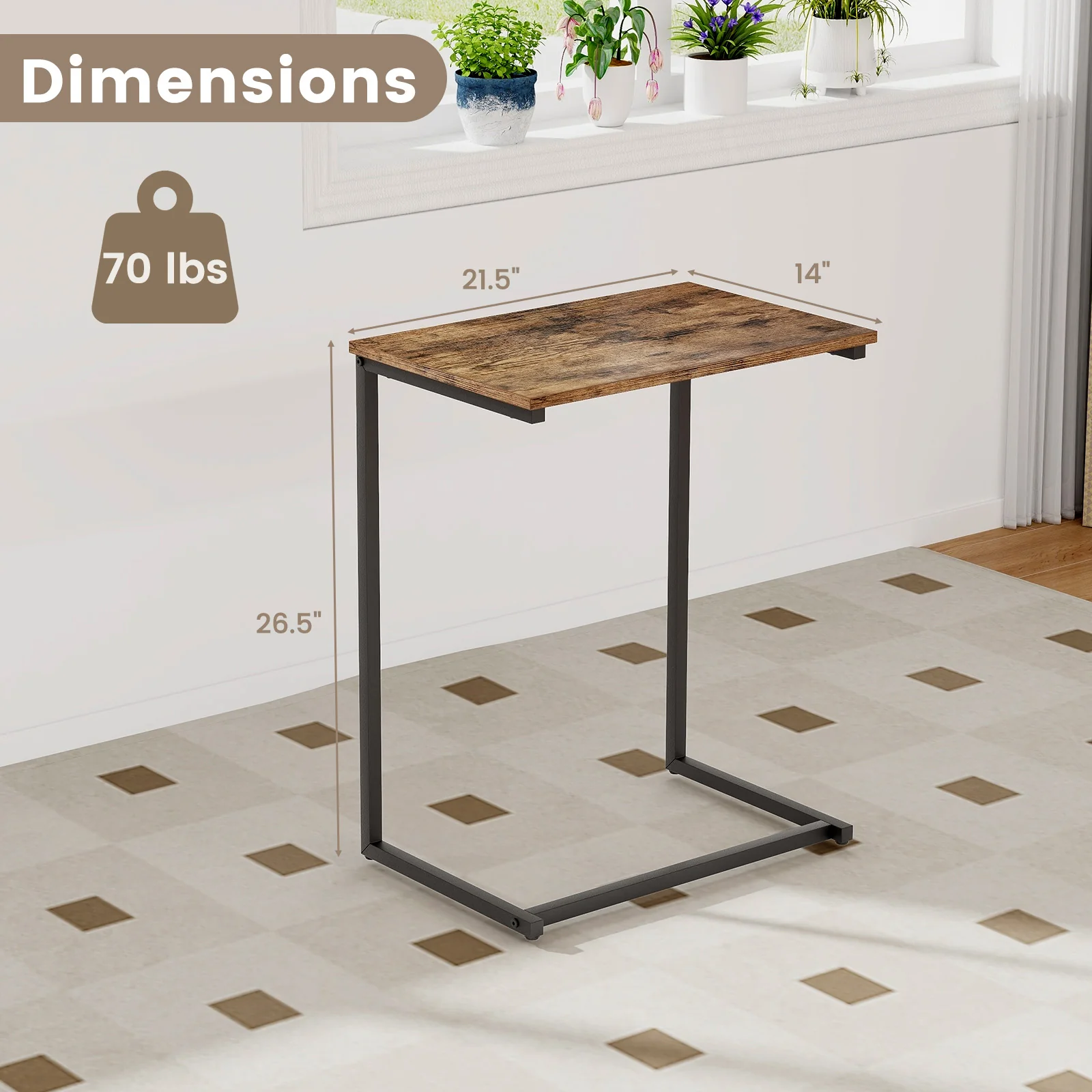 Industrial End Table, C-Shaped Metal Frame, Rustic Brown - Image 6