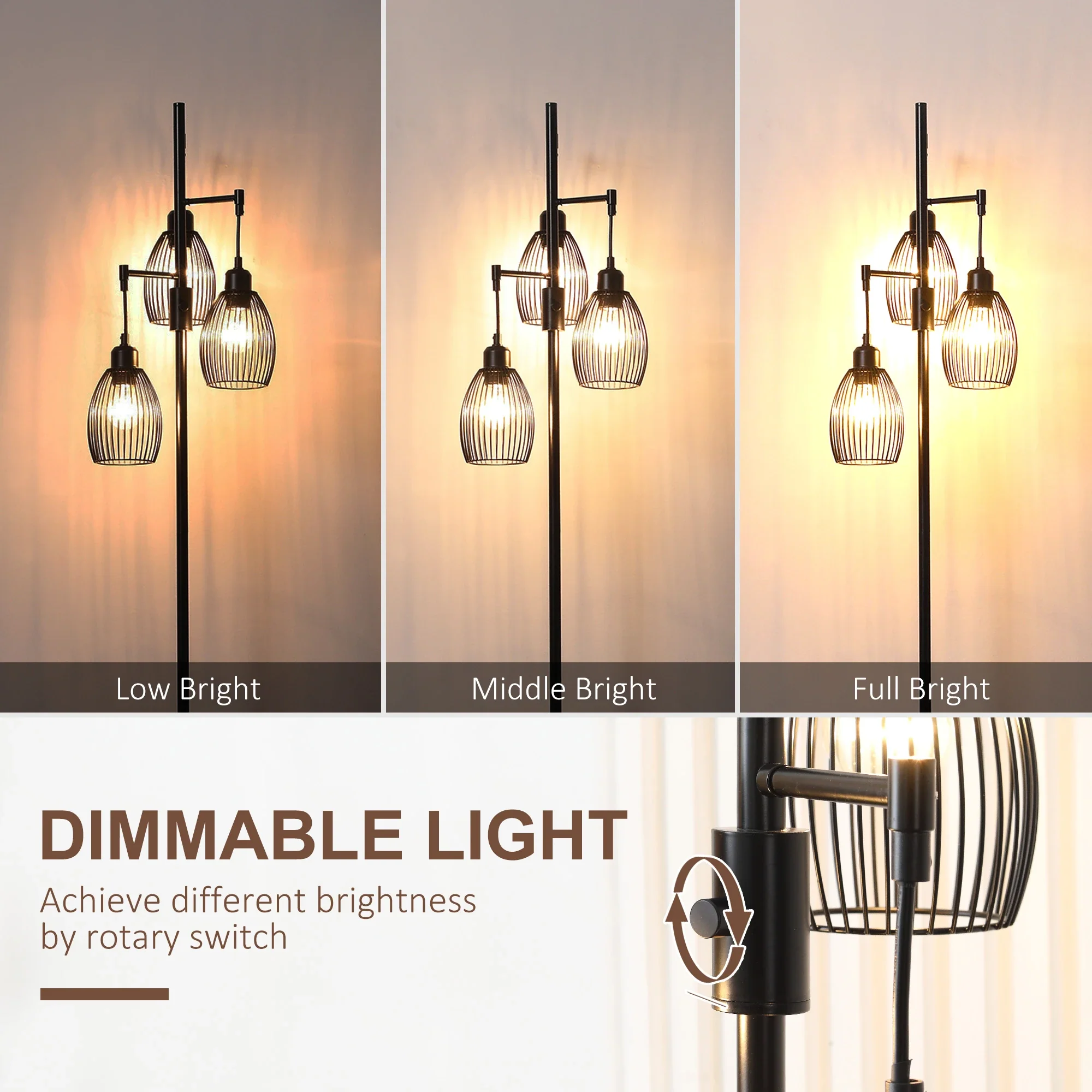 Industrial Floor Lamp, 3 Hanging Wire Lampshades, Dimmable, Black - Image 4