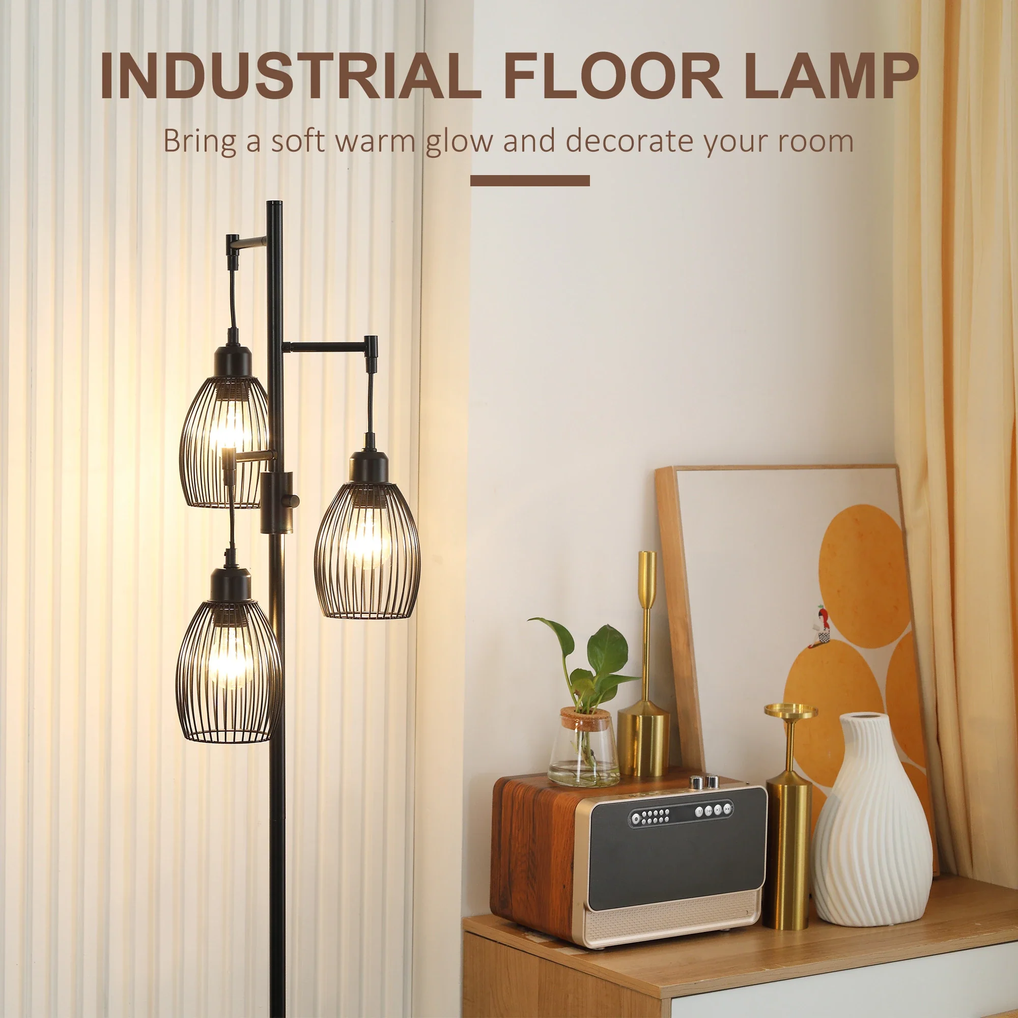 Industrial Floor Lamp, 3 Hanging Wire Lampshades, Dimmable, Black - Image 5