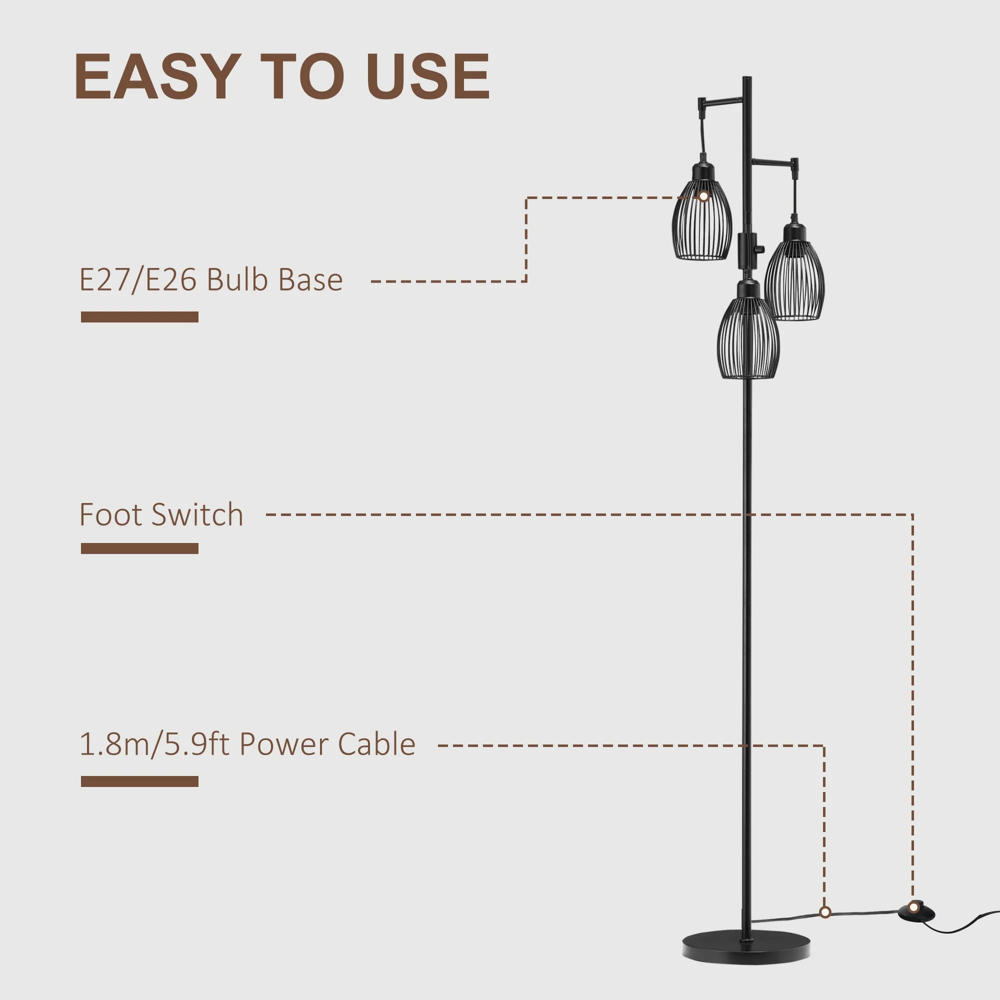 Industrial Floor Lamp, 3 Hanging Wire Lampshades, Dimmable, Black - Image 6