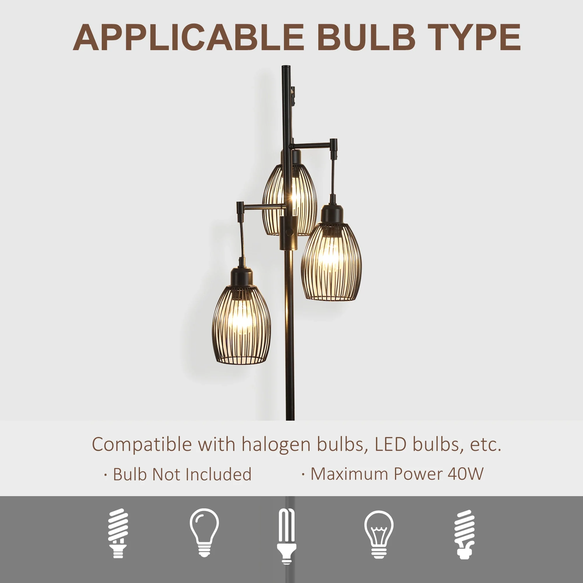 Industrial Floor Lamp, 3 Hanging Wire Lampshades, Dimmable, Black - Image 7