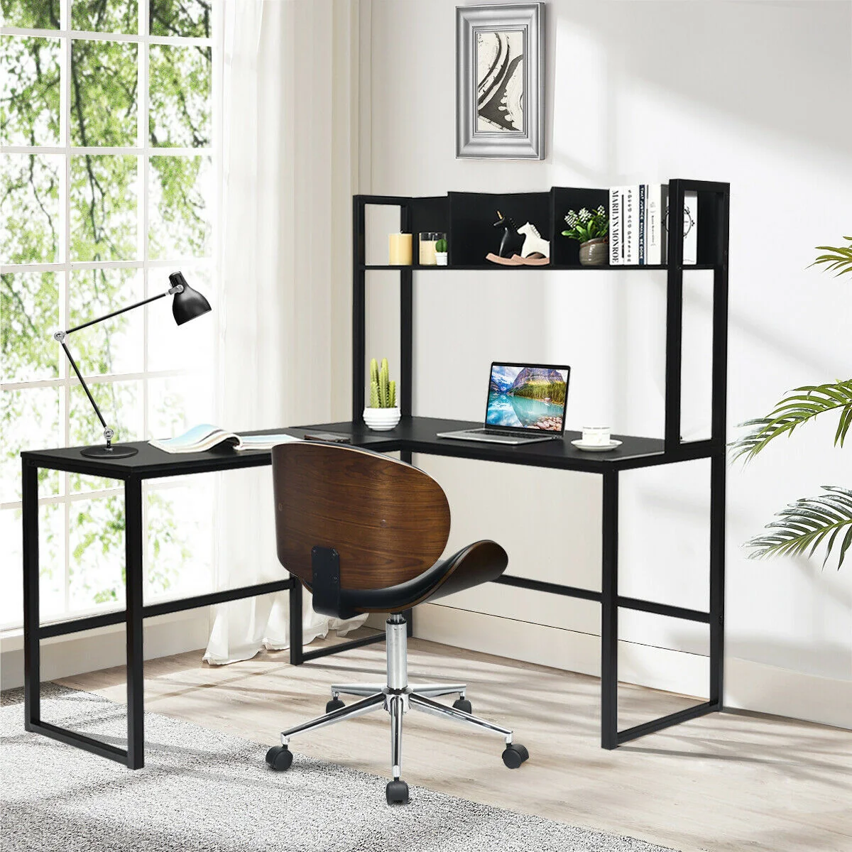 Industrial L-Shaped Desk Bookshelf, 55 Inch, Black - Image 2