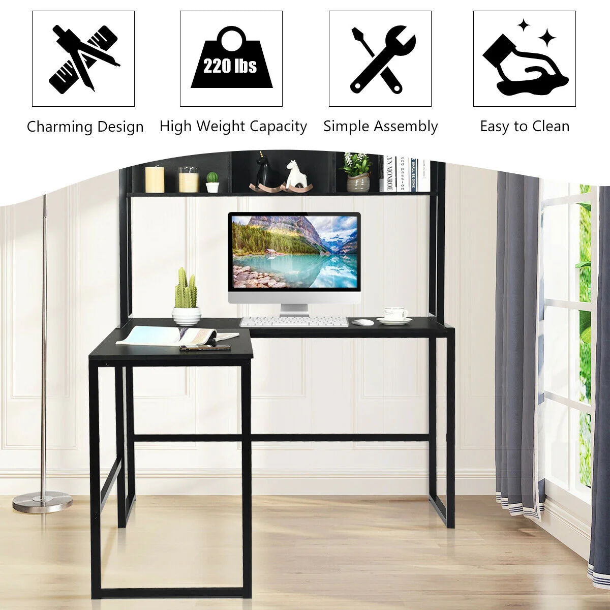 Industrial L-Shaped Desk Bookshelf, 55 Inch, Black - Image 3