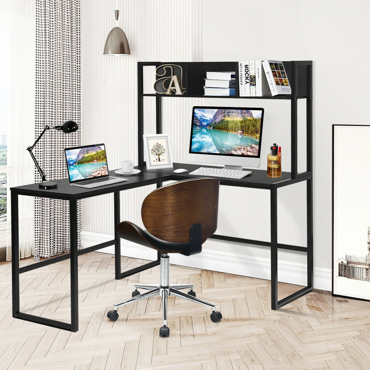 Industrial L-Shaped Desk Bookshelf, 55 Inch, Black - Image 8