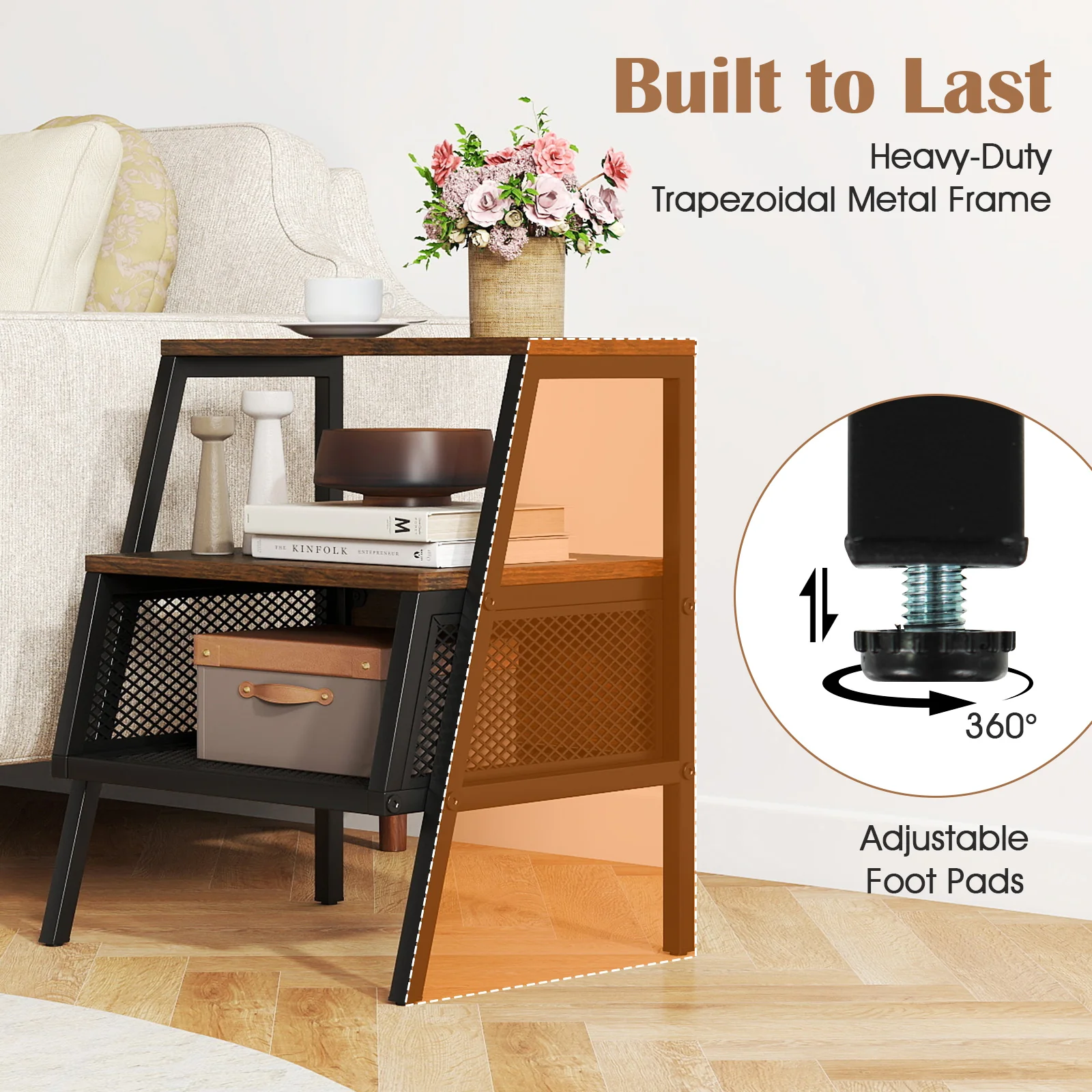 Industrial Nightstand 3-Tier End Table Set of 2 with 2 Open Shelves and Metal Mesh Compartment, Rustic Brown - Image 10