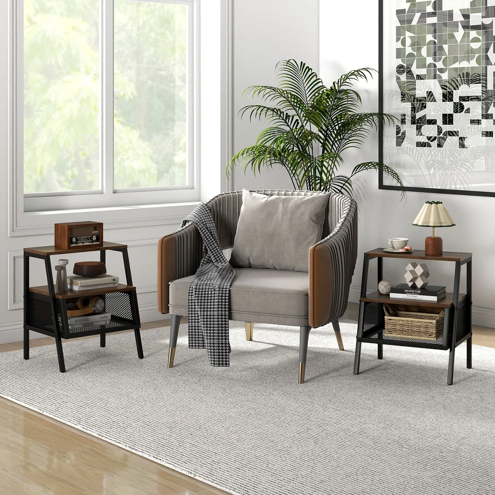Industrial Nightstand 3-Tier End Table Set of 2 with 2 Open Shelves and Metal Mesh Compartment, Rustic Brown - Image 2