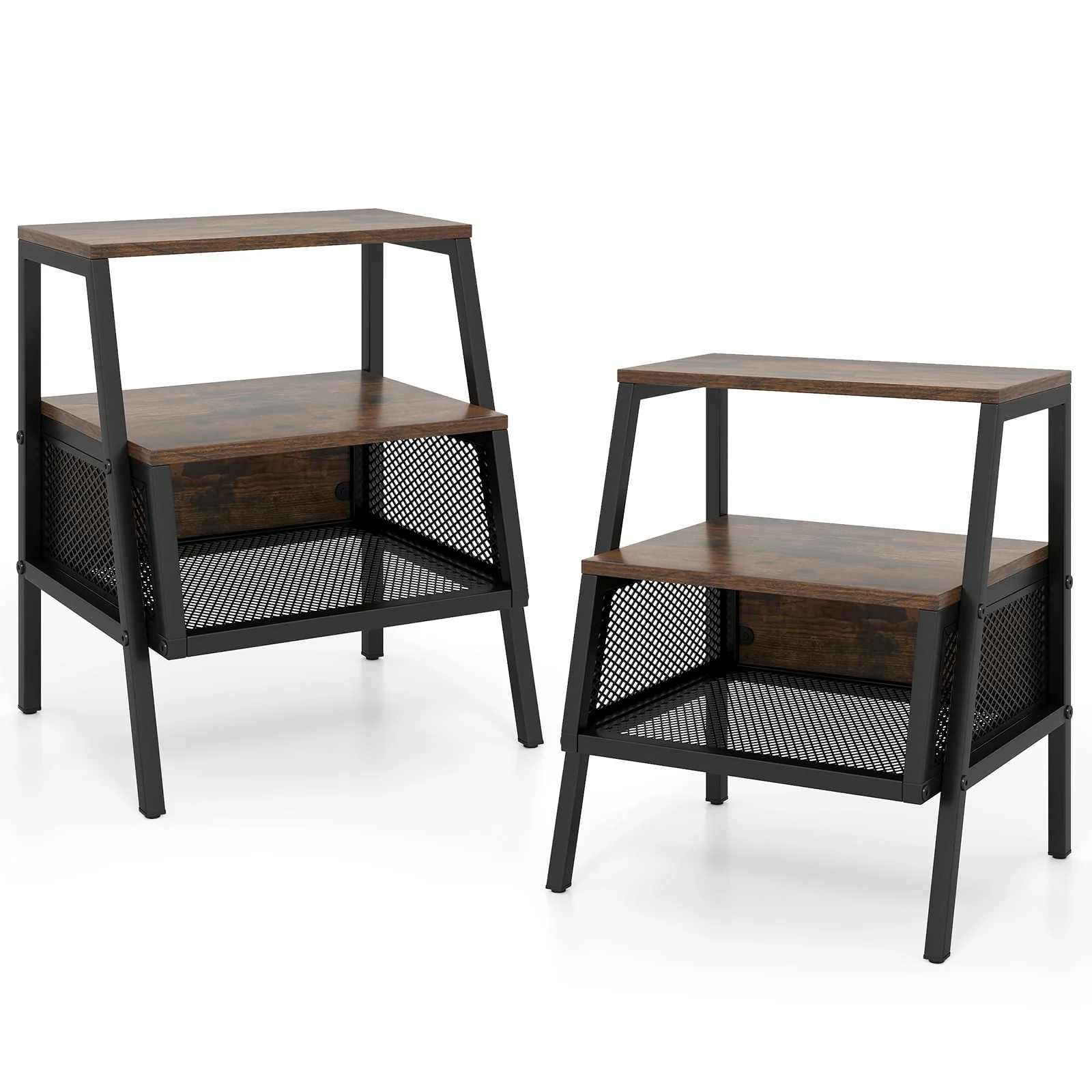 Industrial Nightstand 3-Tier End Table Set of 2 with 2 Open Shelves and Metal Mesh Compartment, Rustic Brown - Image 4