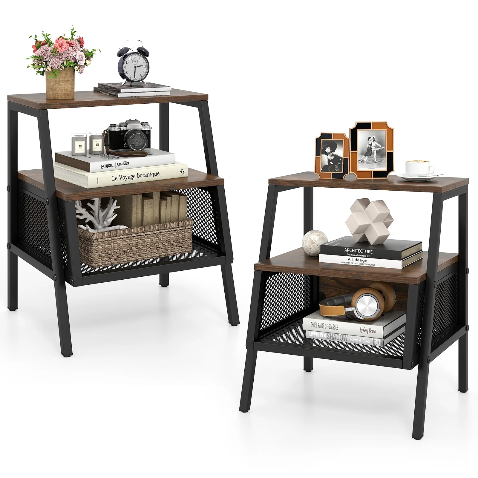 Industrial Nightstand 3-Tier End Table Set of 2 with 2 Open Shelves and Metal Mesh Compartment, Rustic Brown - Image 5