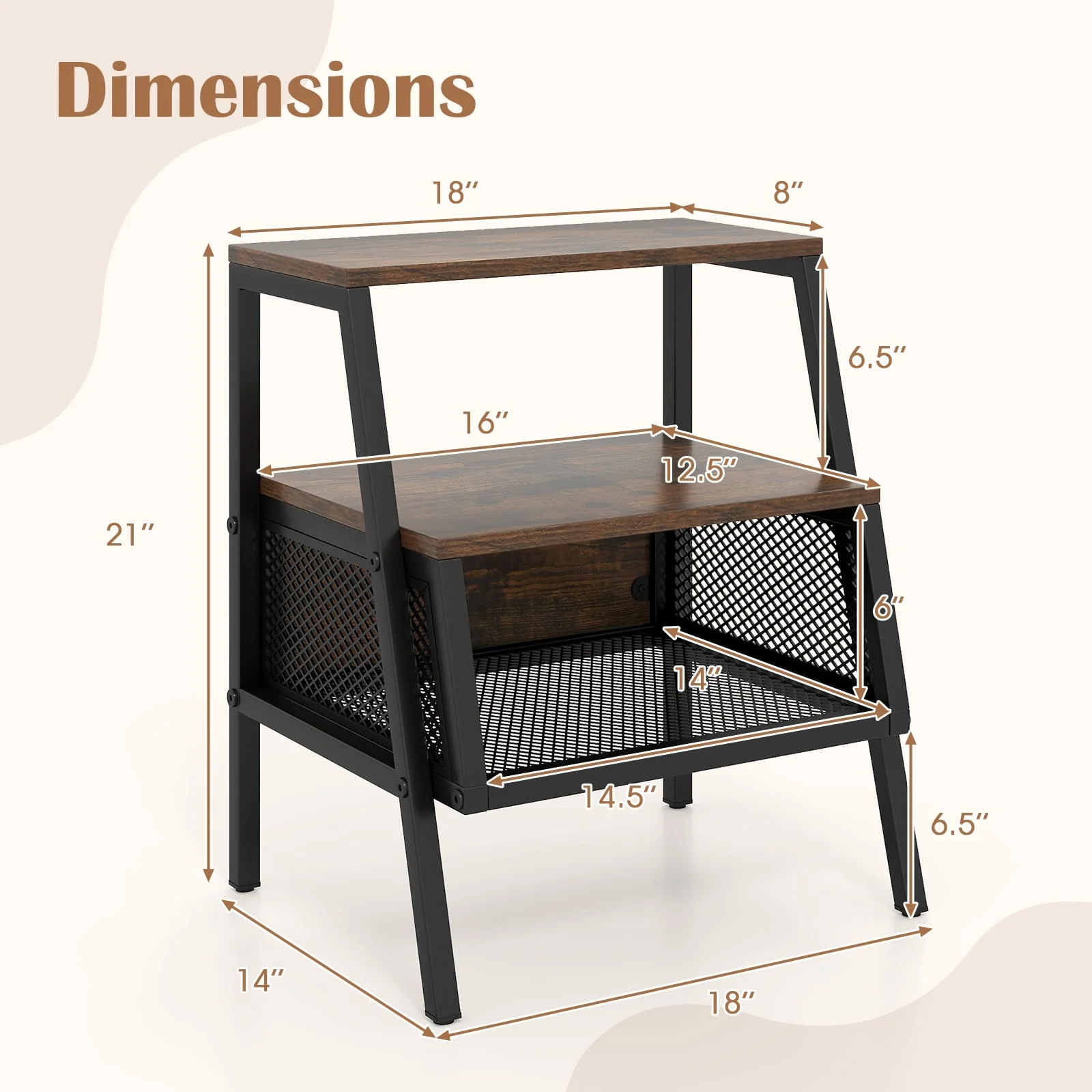 Industrial Nightstand 3-Tier End Table Set of 2 with 2 Open Shelves and Metal Mesh Compartment, Rustic Brown - Image 6