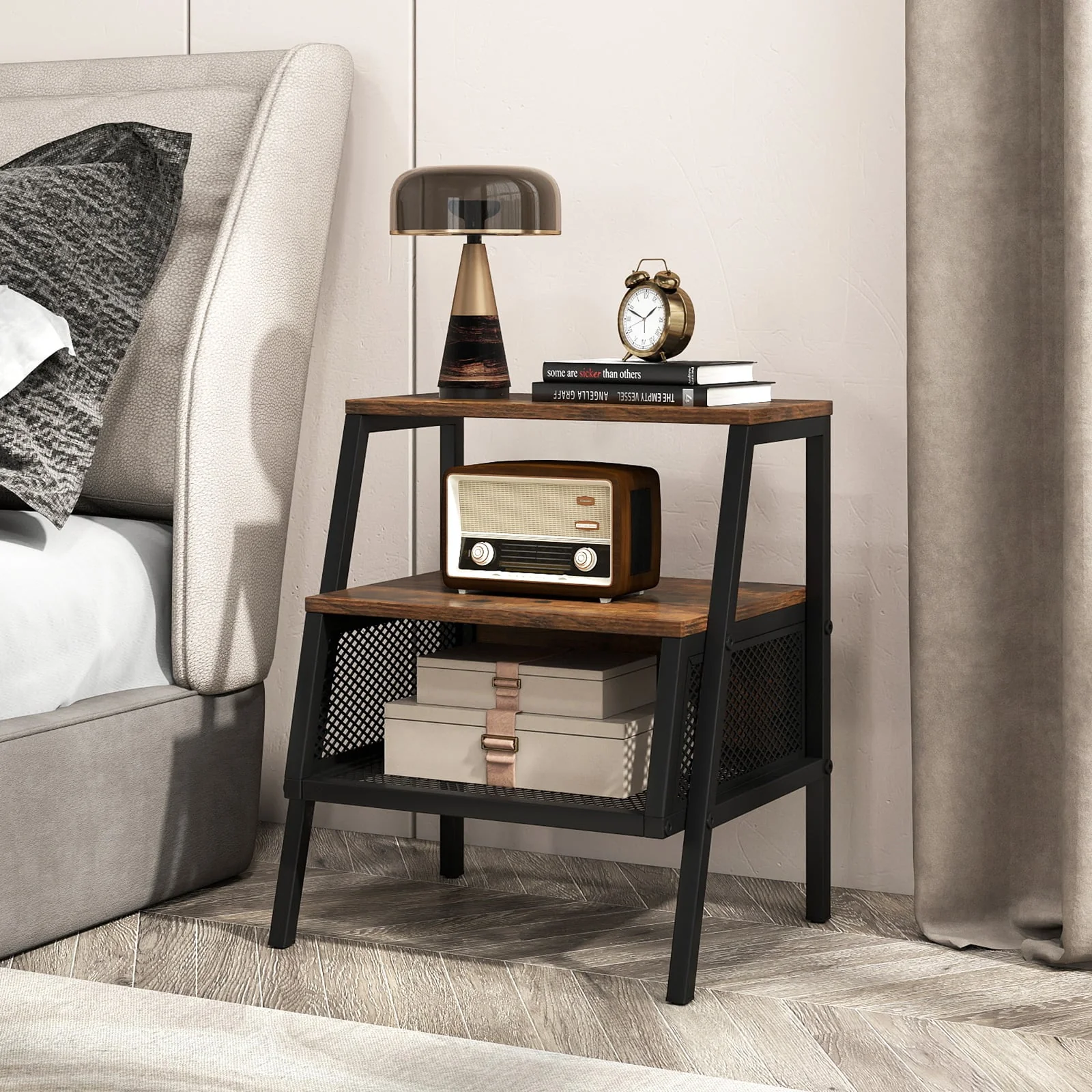 Industrial Nightstand 3-Tier End Table Set of 2 with 2 Open Shelves and Metal Mesh Compartment, Rustic Brown - Image 7