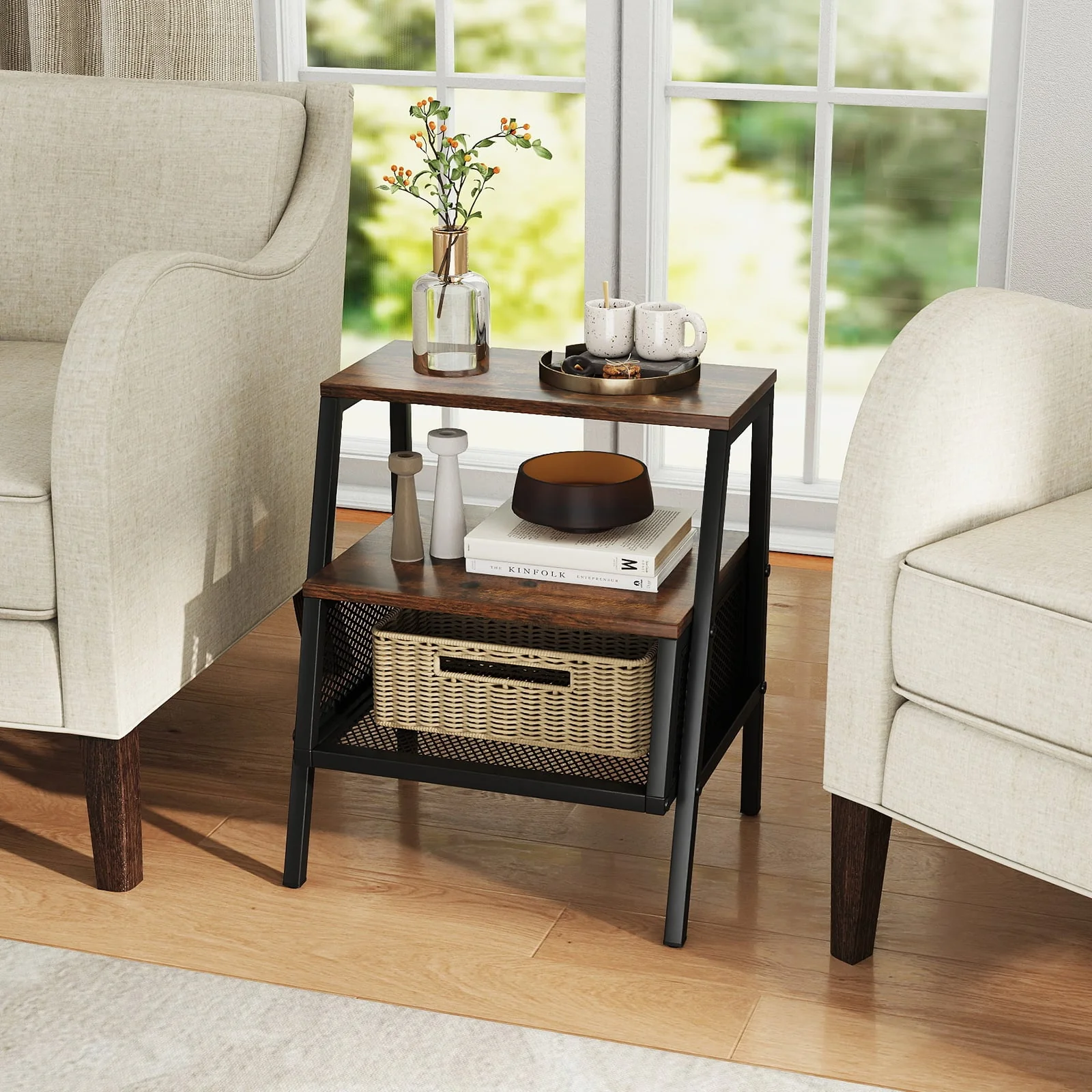 Industrial Nightstand 3-Tier End Table Set of 2 with 2 Open Shelves and Metal Mesh Compartment, Rustic Brown - Image 8