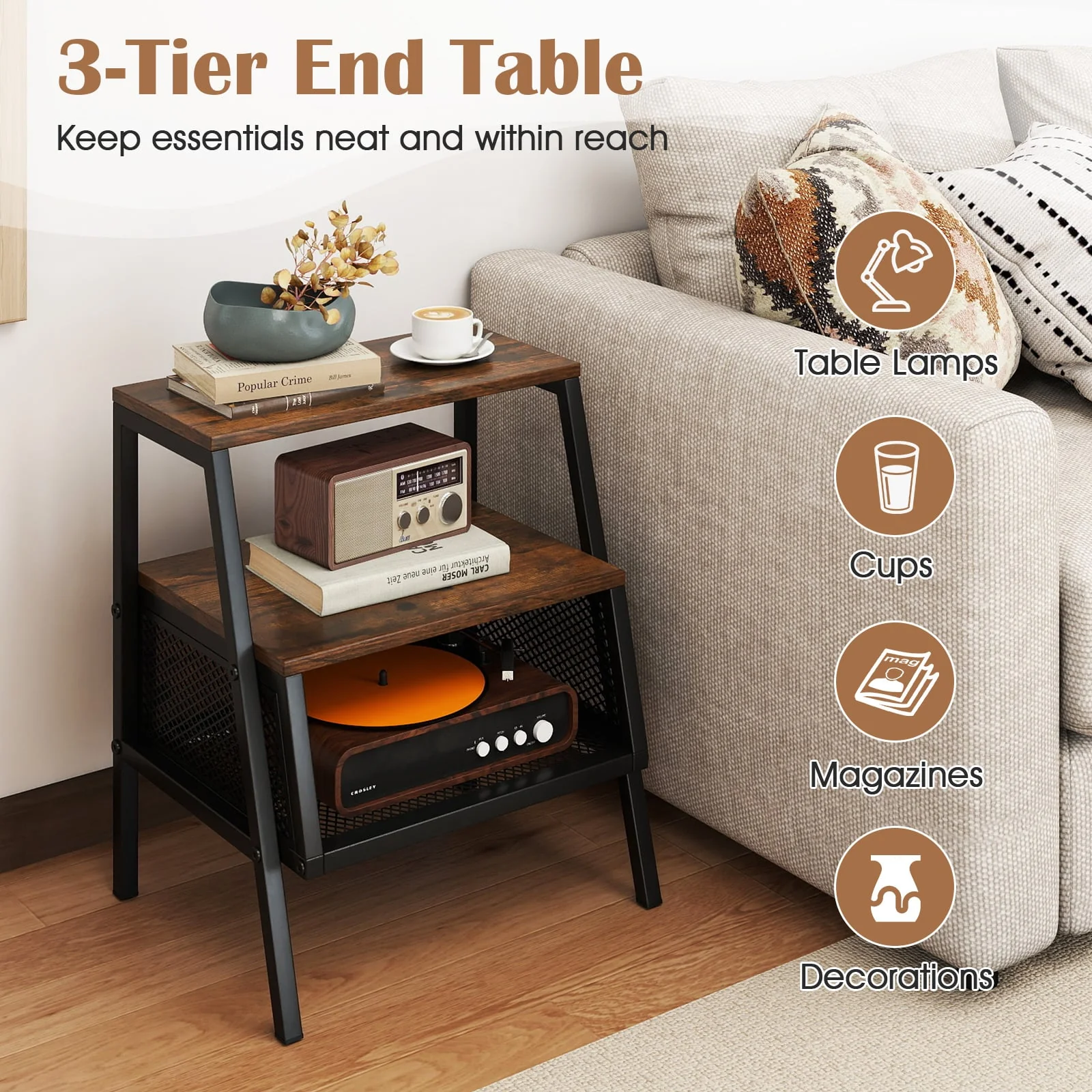Industrial Nightstand 3-Tier End Table Set of 2 with 2 Open Shelves and Metal Mesh Compartment, Rustic Brown - Image 9