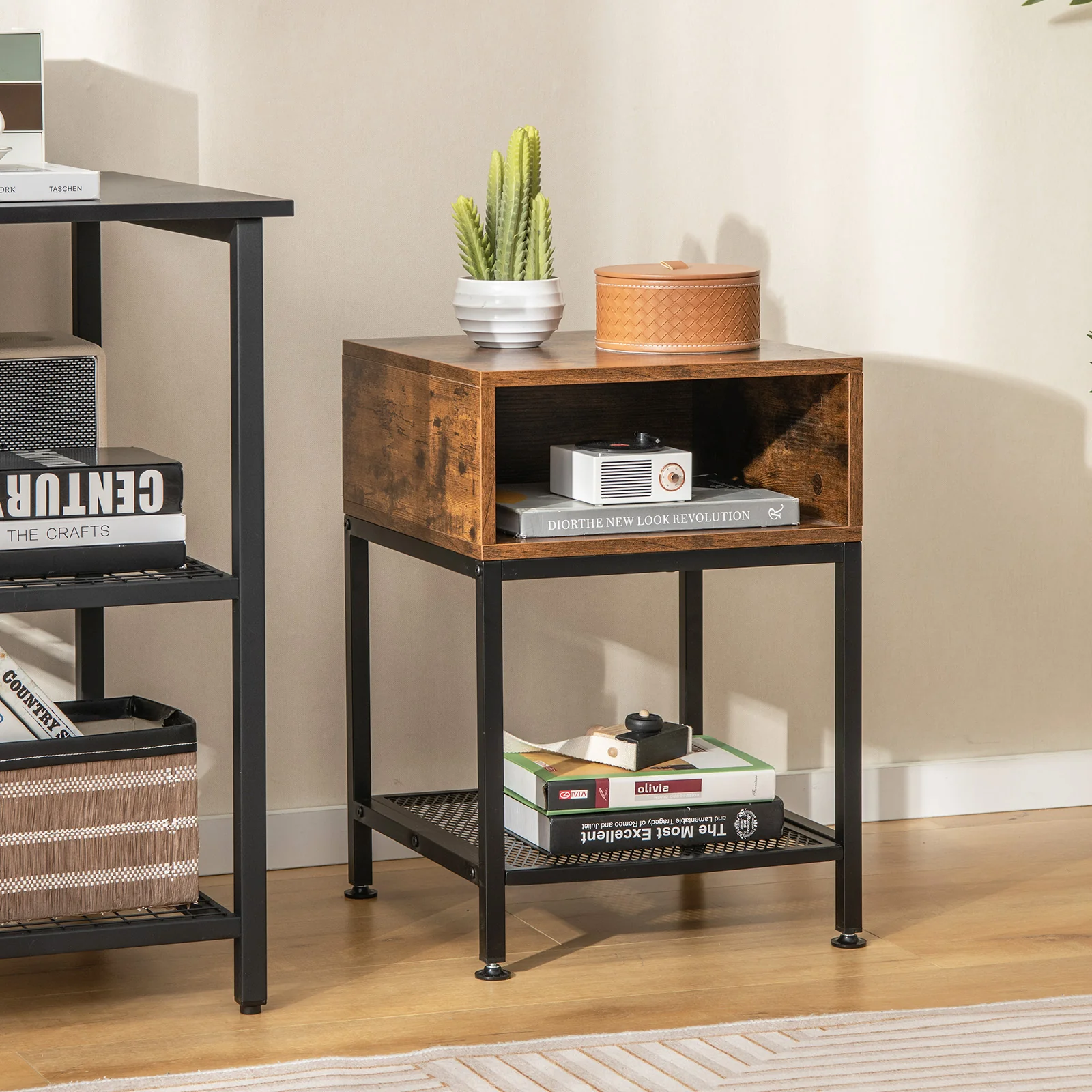 Industrial Nightstand End Side Table With Mesh Shelf - Image 2