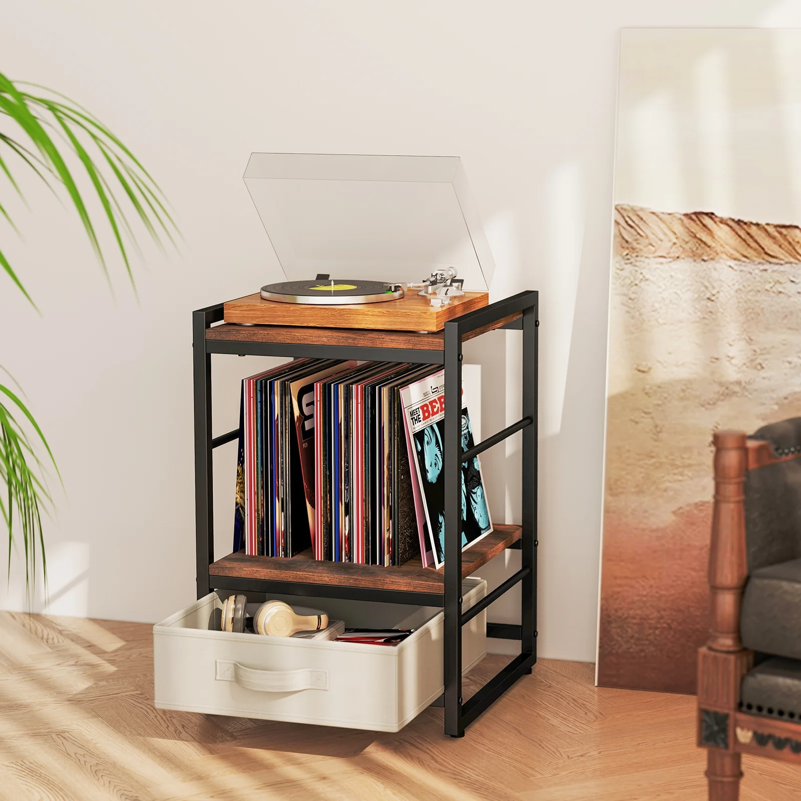 Industrial Nightstand With Open Shelf, Fabric Drawer, Rustic Brown - Image 2