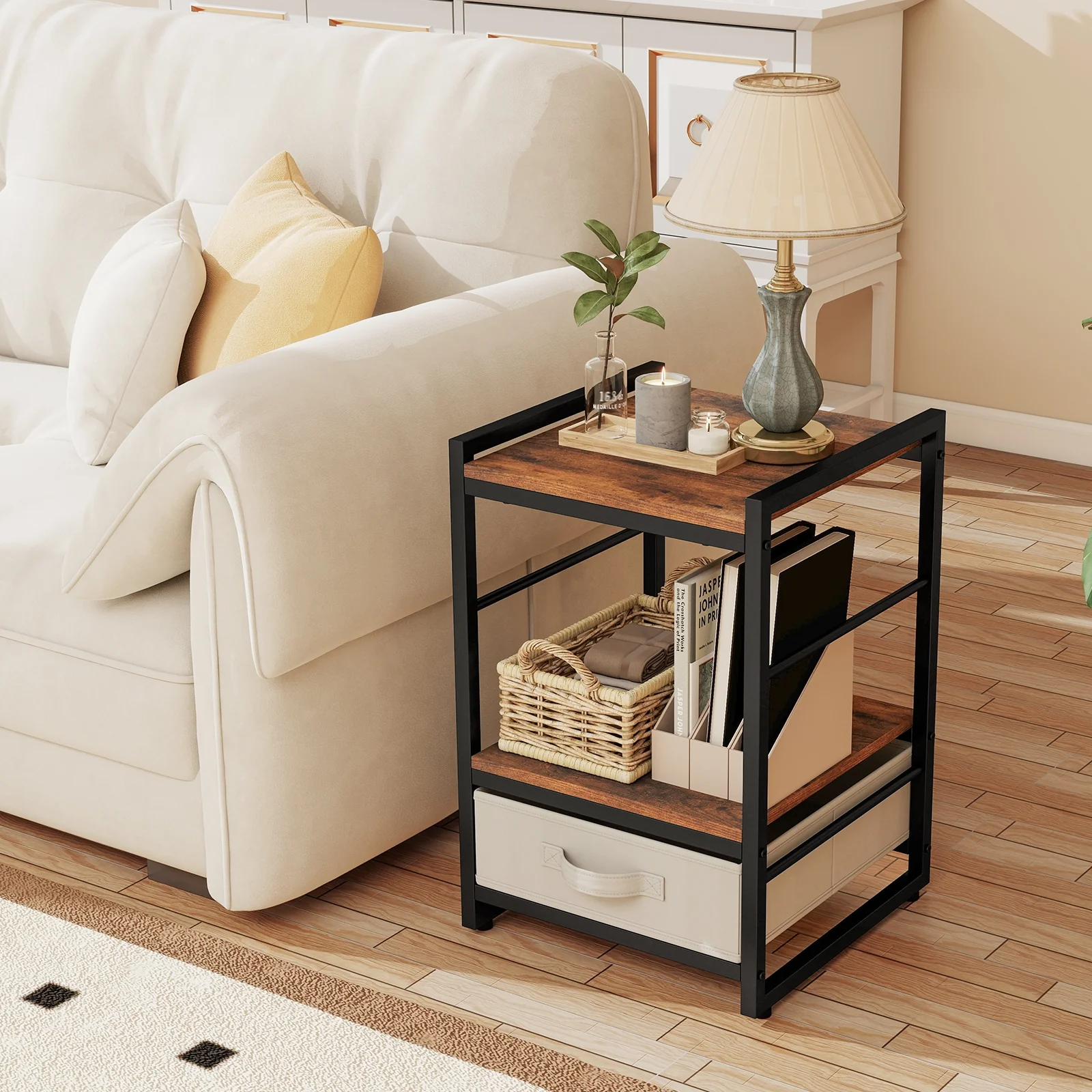 Industrial Nightstand With Open Shelf, Fabric Drawer, Rustic Brown - Image 3