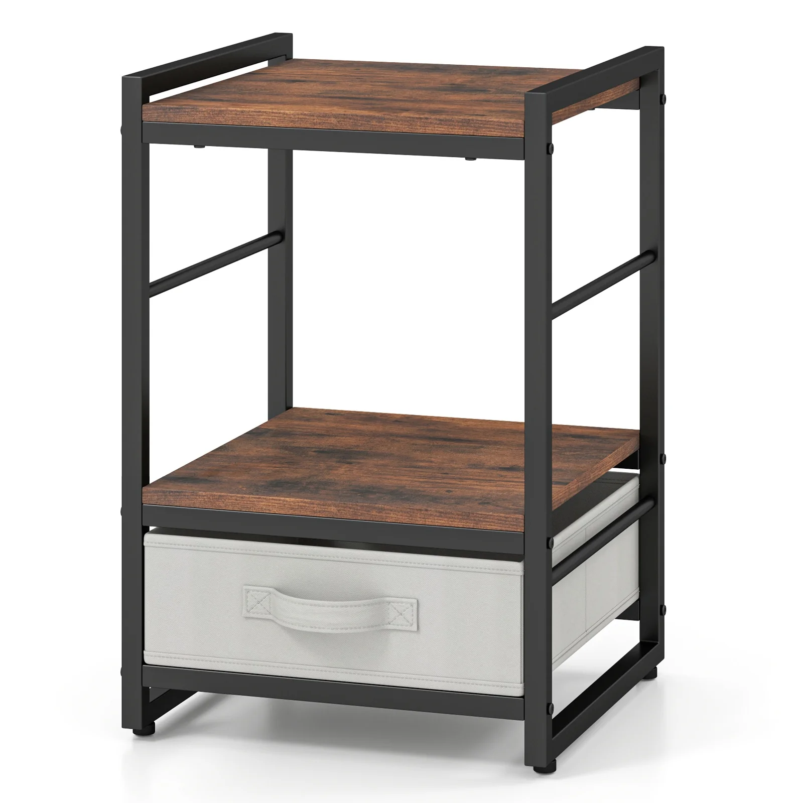 Industrial Nightstand With Open Shelf, Fabric Drawer, Rustic Brown - Image 4